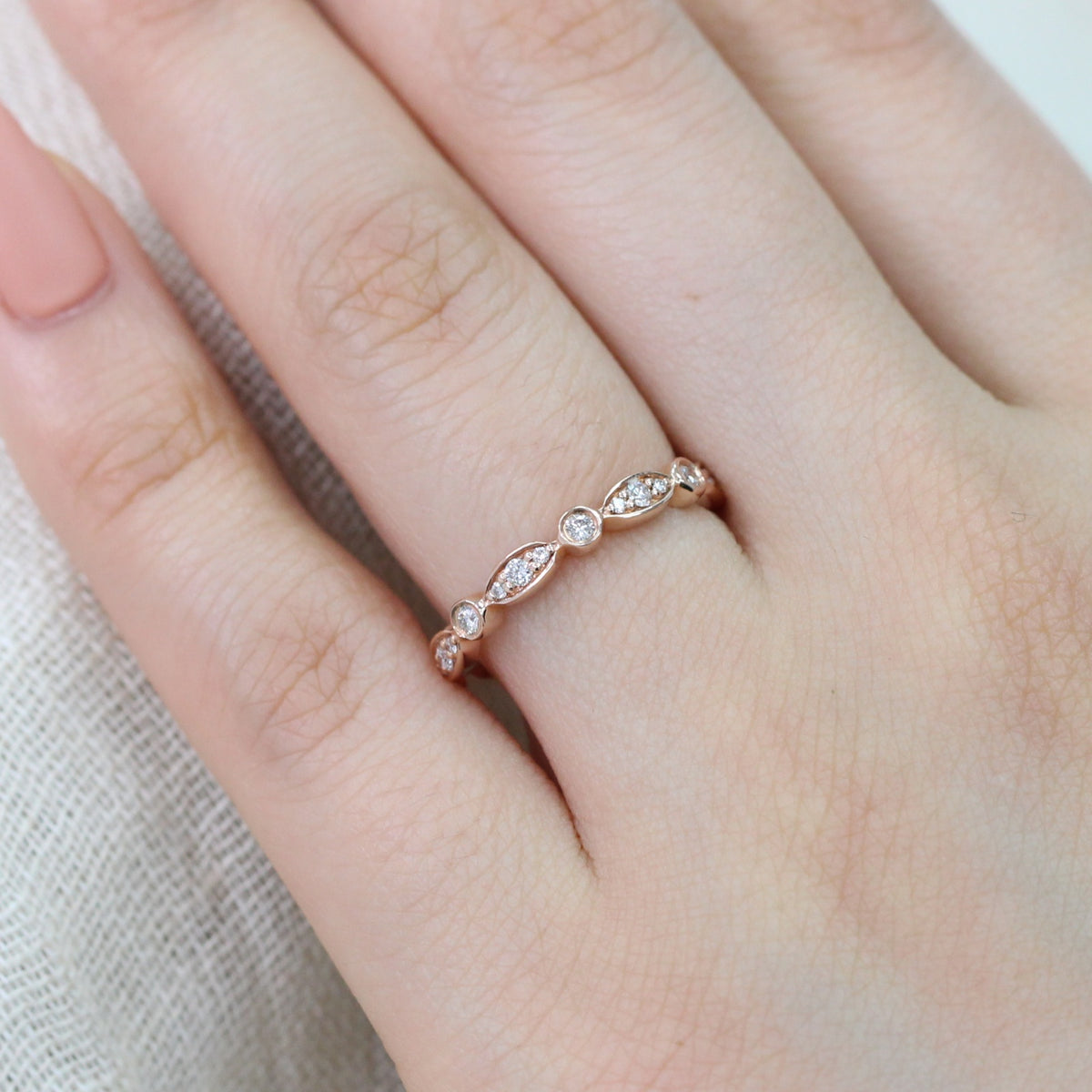 rose gold scalloped wedding band diamond ring bezel band by la more design