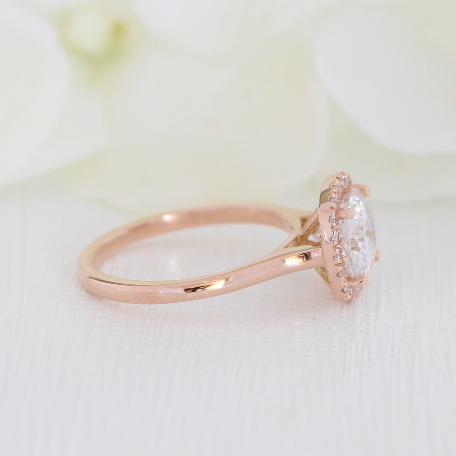 rose gold halo diamond moissanite engagement ring by la more design