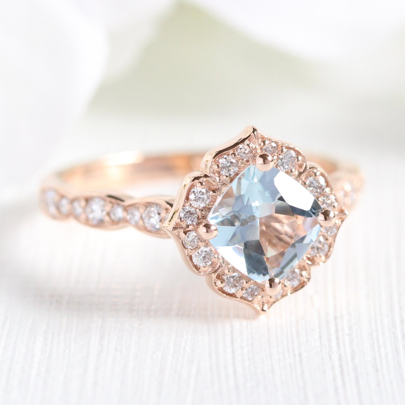 aquamarine engagement ring set in rose gold mini vintage floral by la more design