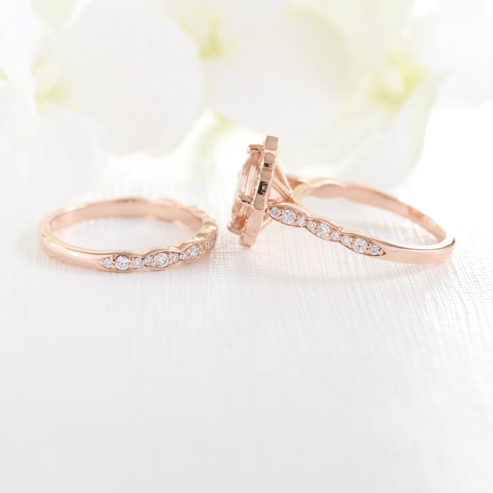 rose gold morganite engagement ring bridal set vintage floral diamond wedding ring set by la more design