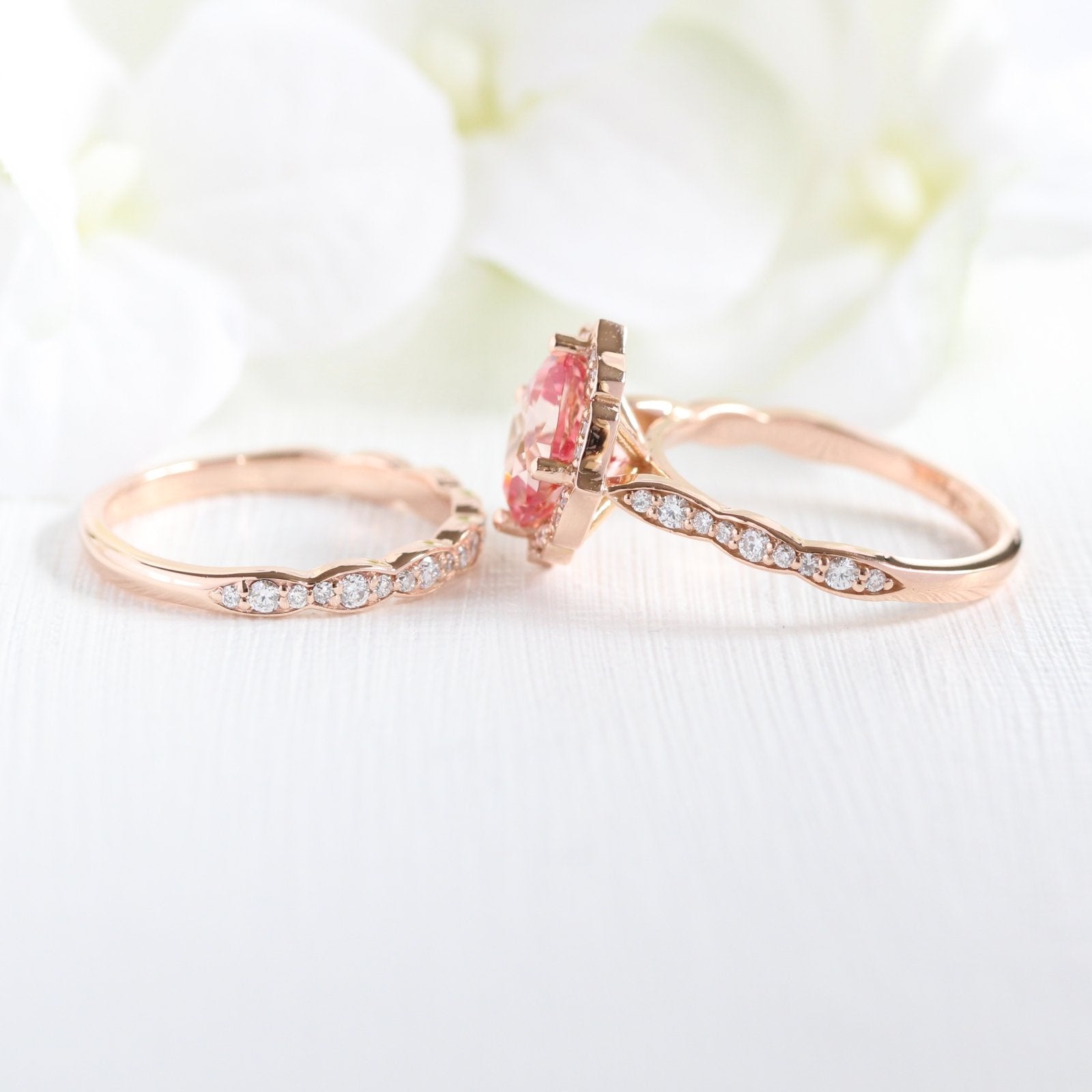 rose gold peach sapphire engagement ring bridal set vintage floral diamond wedding ring set by la more design