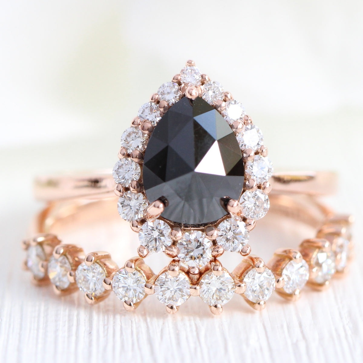 rose cut black diamond halo ring and half eternity diamond wedding band stack la more design jewelry