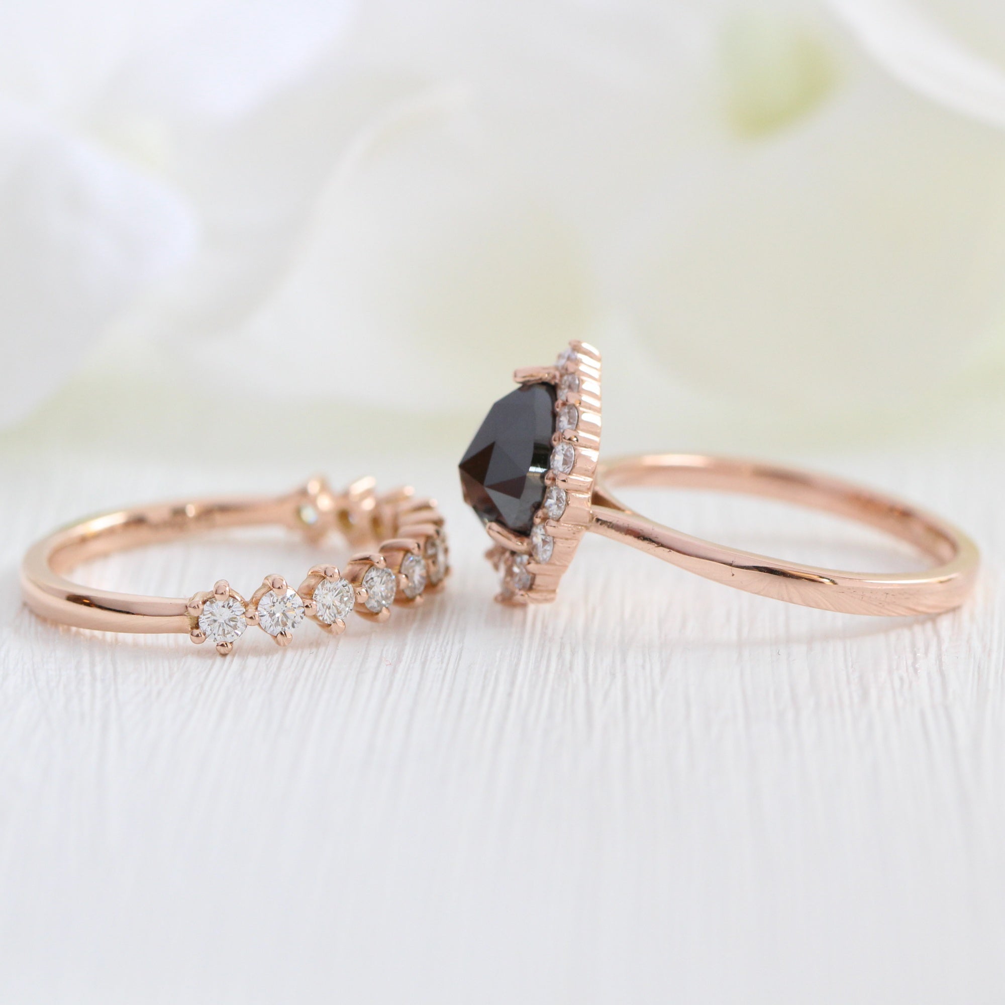 rose cut black diamond halo ring and half eternity diamond wedding band stack la more design jewelry