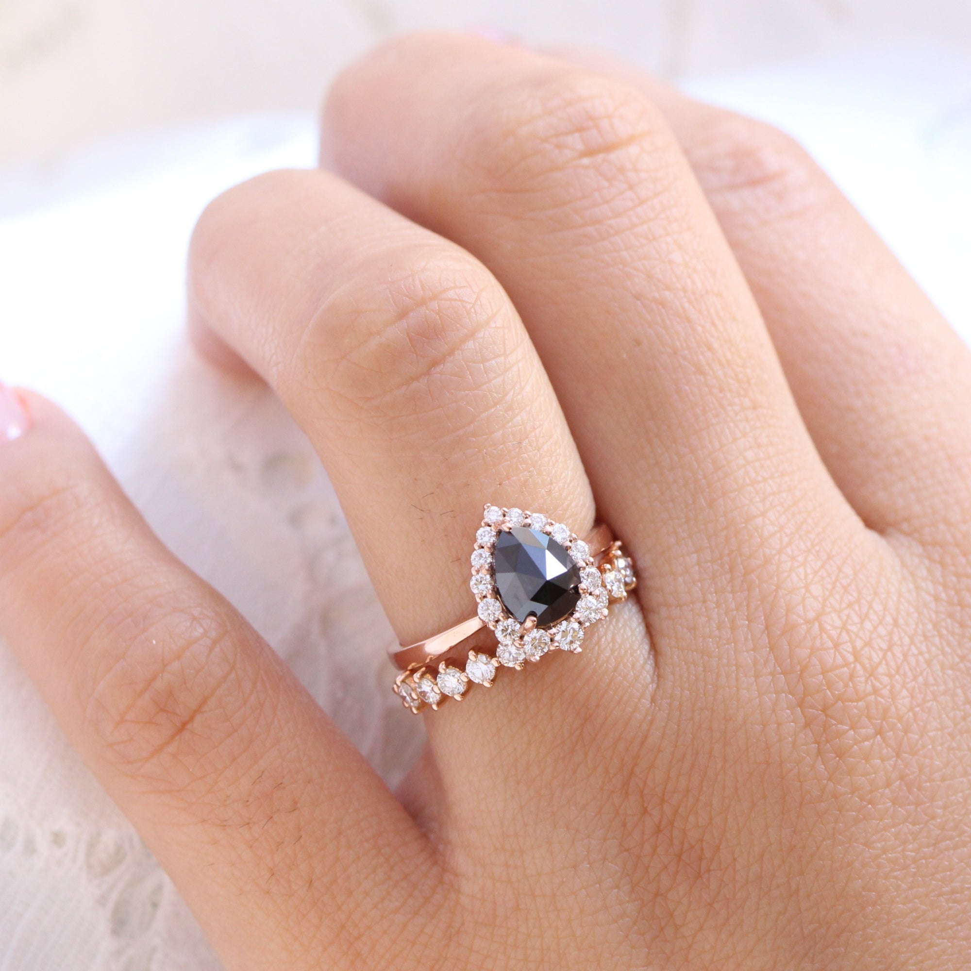 rose cut black diamond halo ring and half eternity diamond wedding band stack la more design jewelry