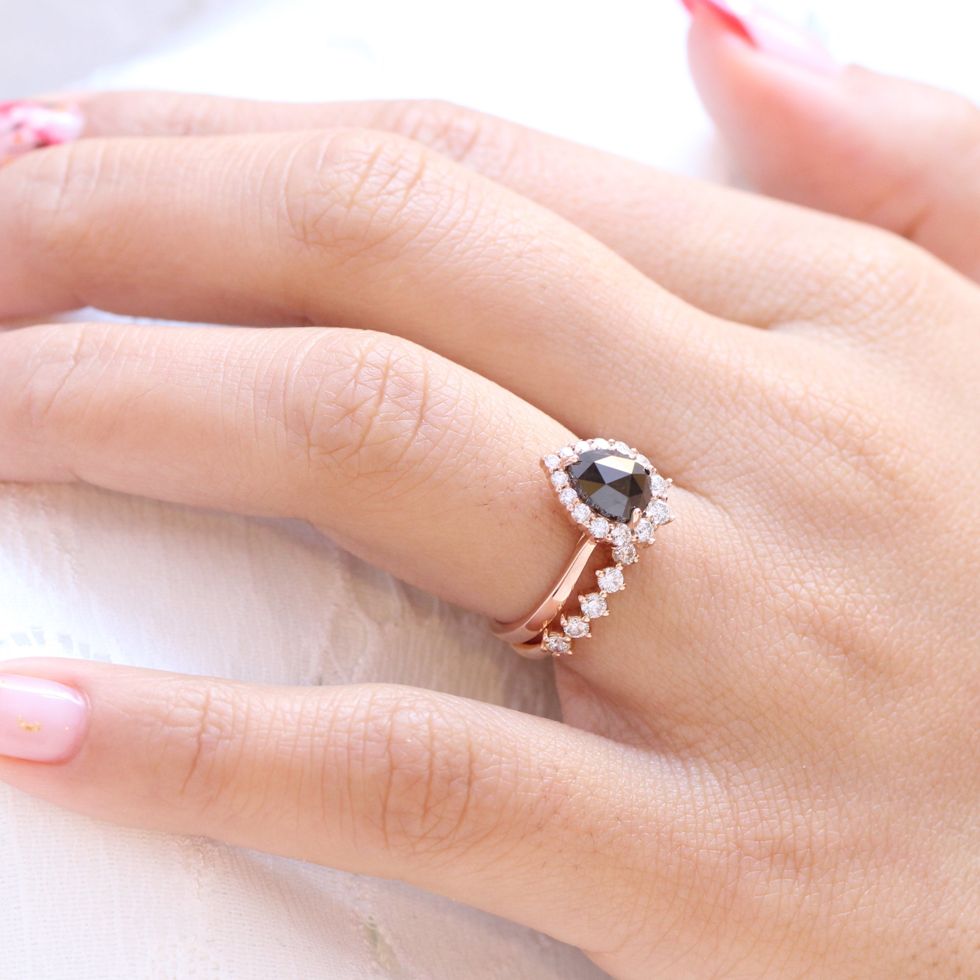 rose cut black diamond halo ring and half eternity diamond wedding band stack la more design jewelry
