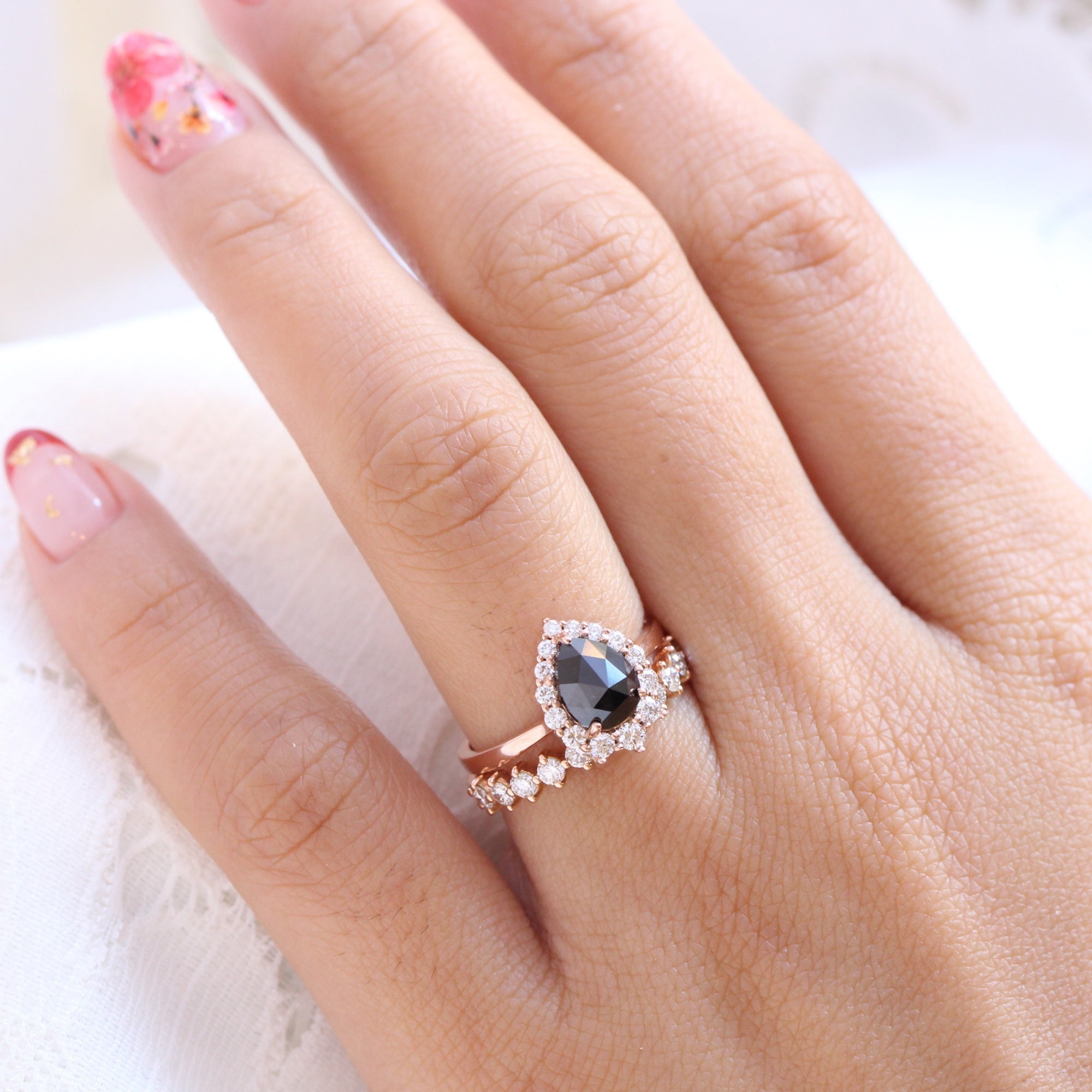 rose cut black diamond halo ring and half eternity diamond wedding band stack la more design jewelry