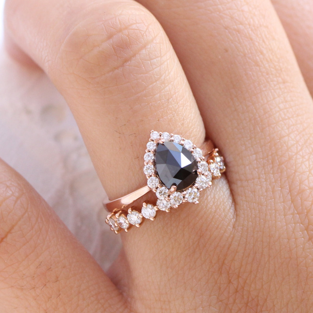 rose cut black diamond halo ring and half eternity diamond wedding band stack la more design jewelry