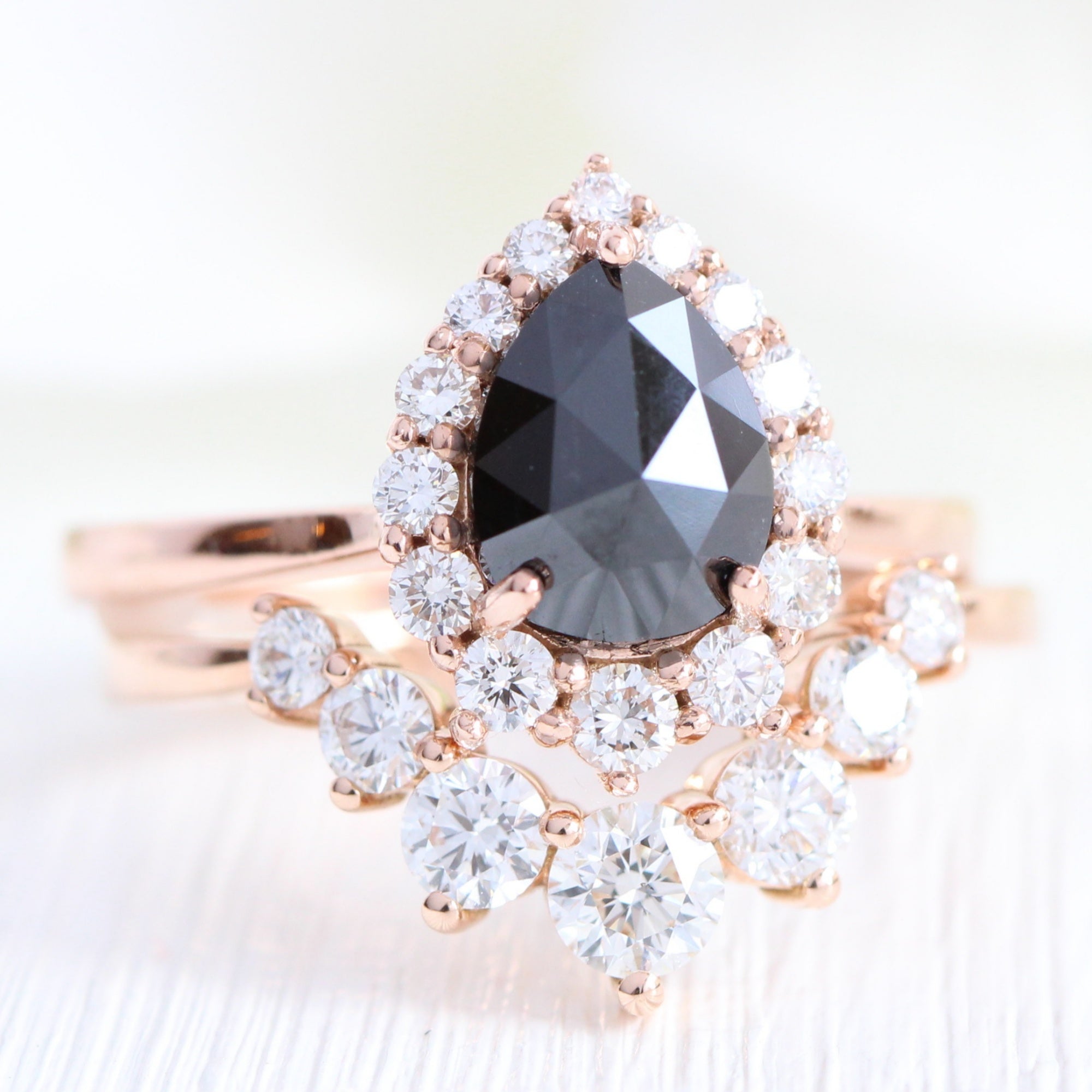 rose cut black diamond halo ring and large 7 diamond wedding band stack la more design jewelry