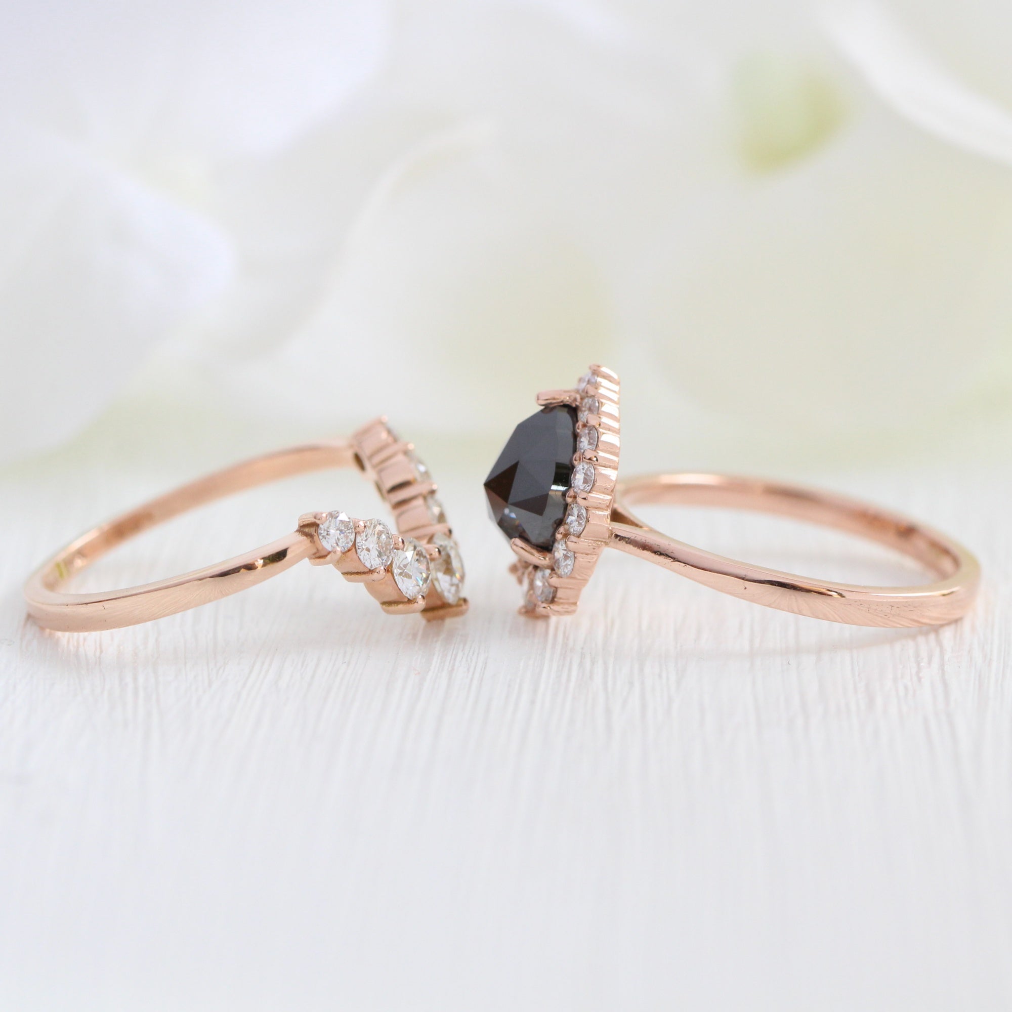 rose cut black diamond halo ring and large 7 diamond wedding band stack la more design jewelry