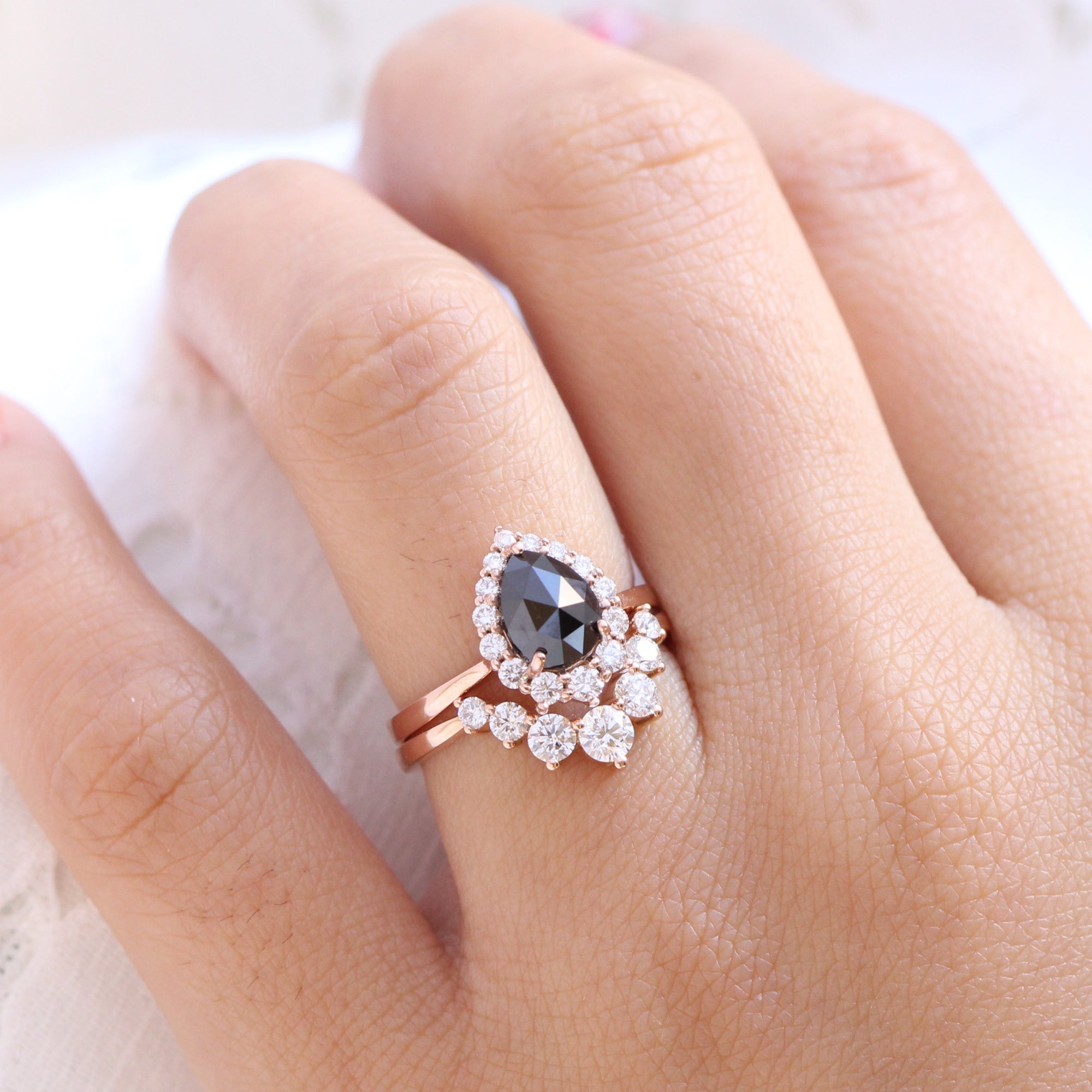 rose cut black diamond halo ring and large 7 diamond wedding band stack la more design jewelry