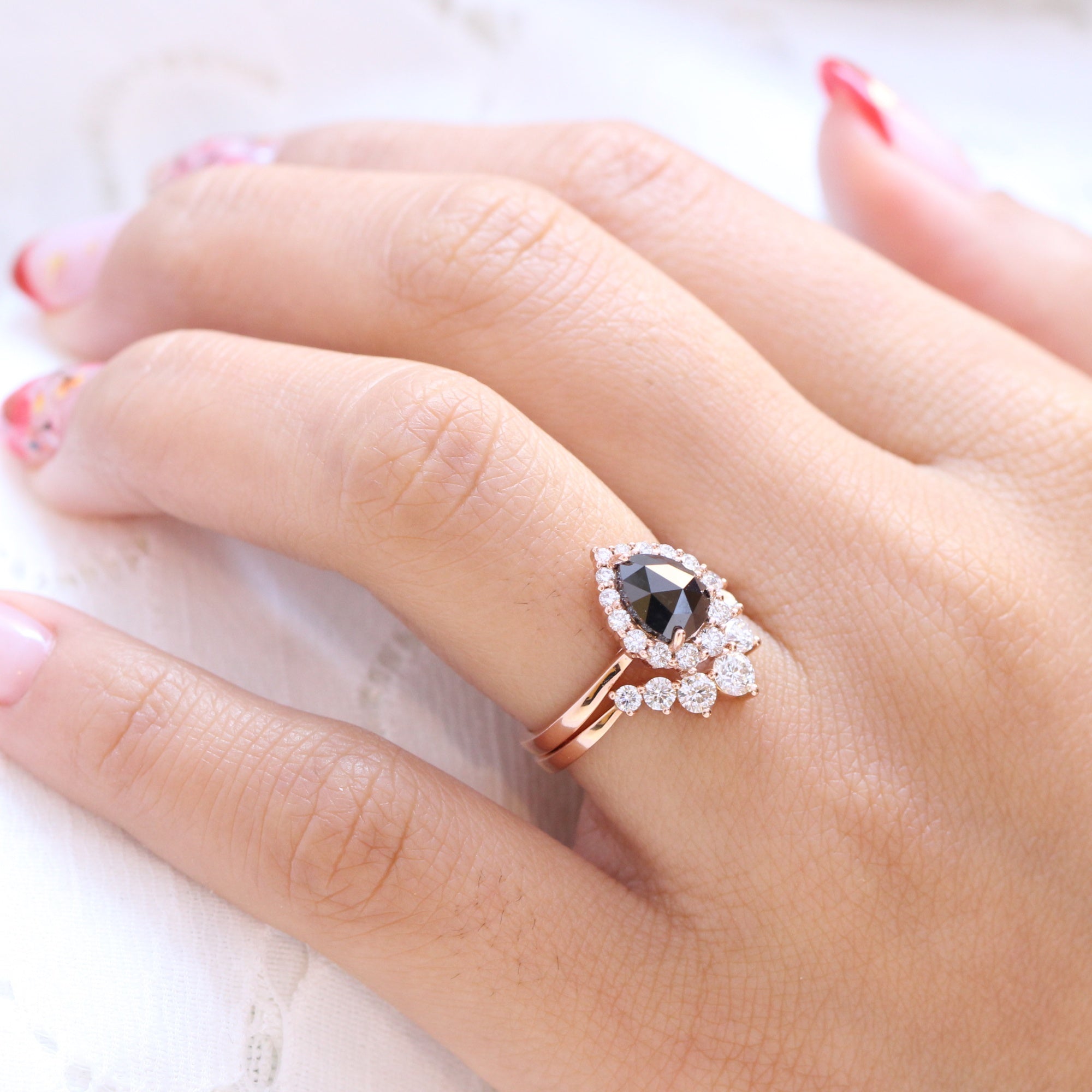 rose cut black diamond halo ring and large 7 diamond wedding band stack la more design jewelry