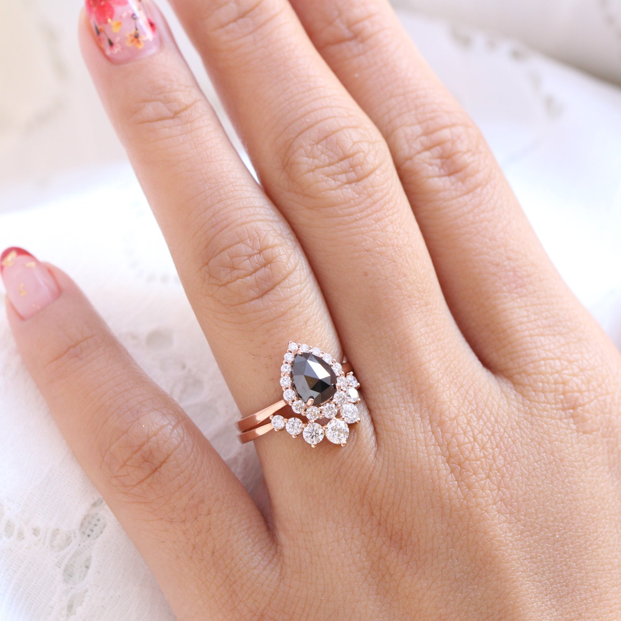 rose cut black diamond halo ring and large 7 diamond wedding band stack la more design jewelry