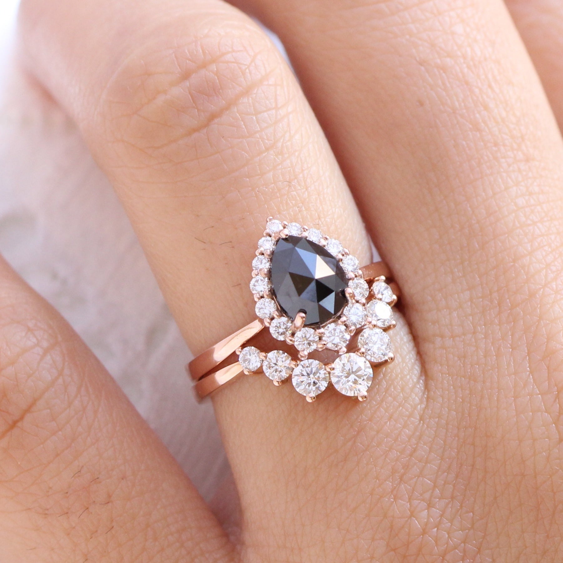 rose cut black diamond halo ring and large 7 diamond wedding band stack la more design jewelry