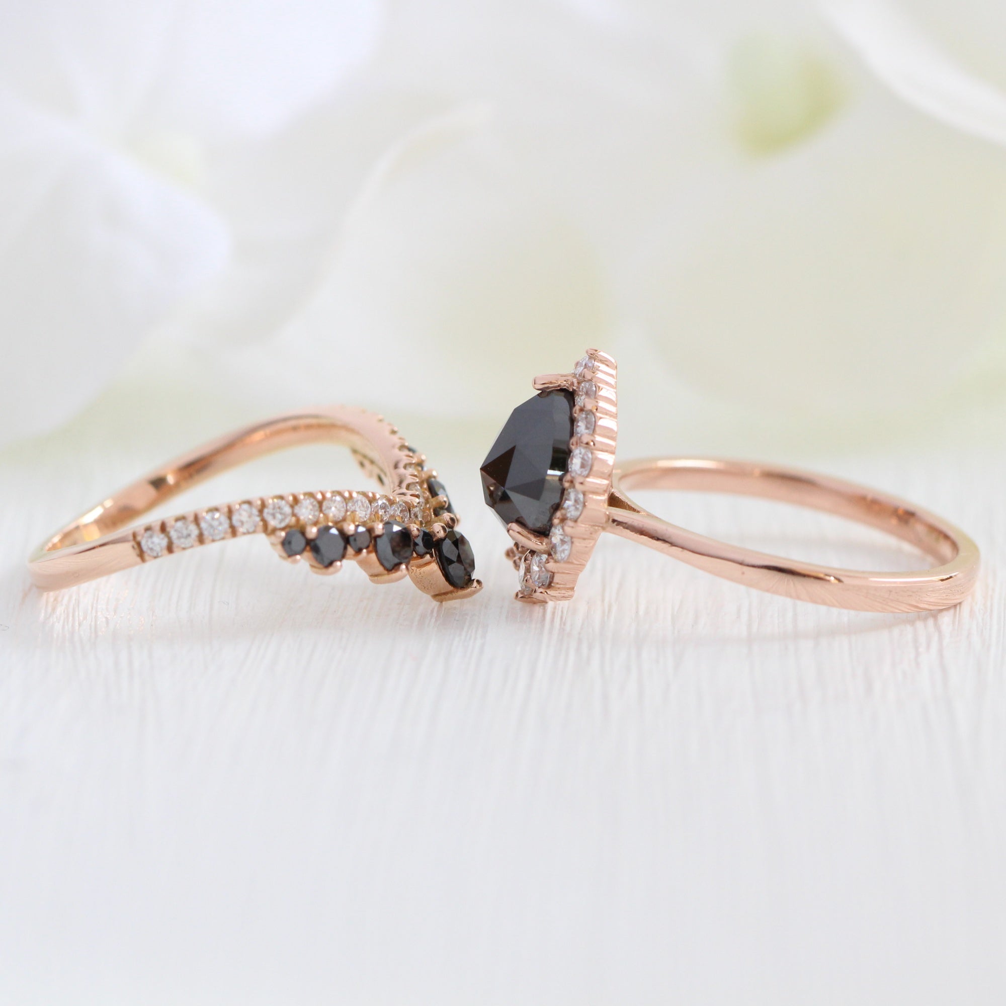 rose cut black diamond halo ring and large tiara diamond wedding band stack la more design jewelry