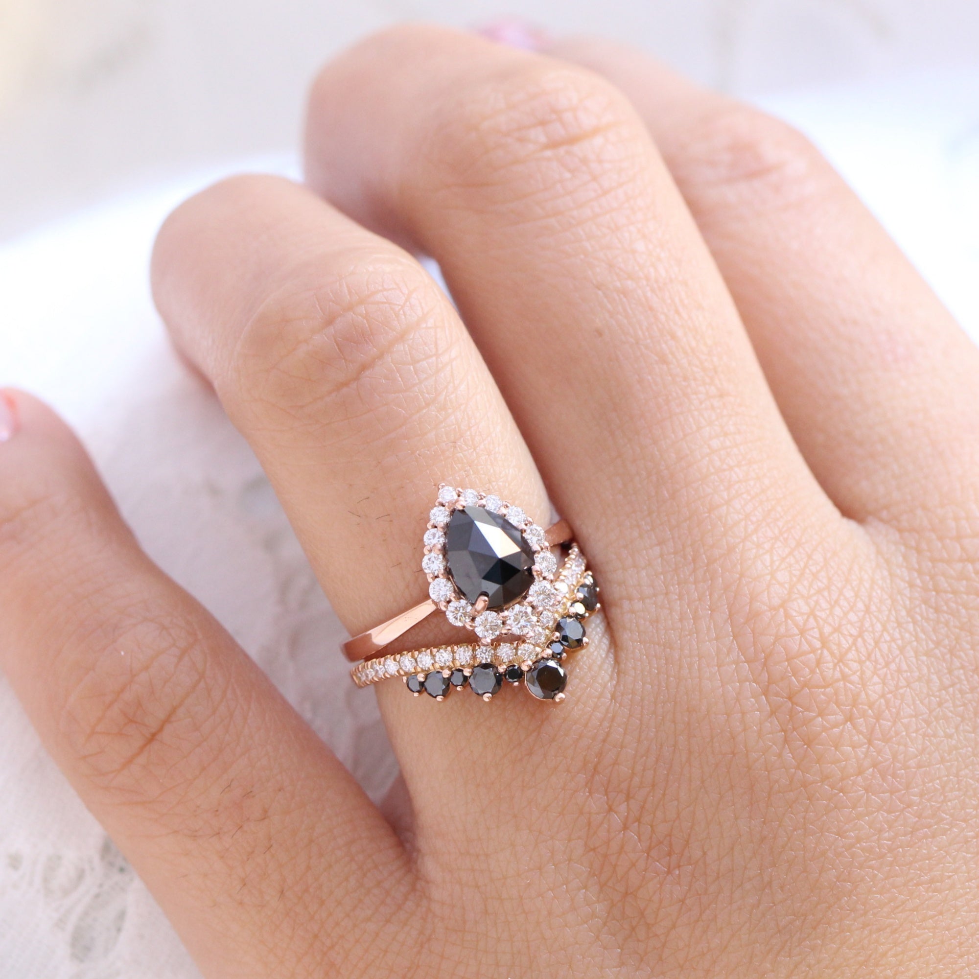 rose cut black diamond halo ring and large tiara diamond wedding band stack la more design jewelry