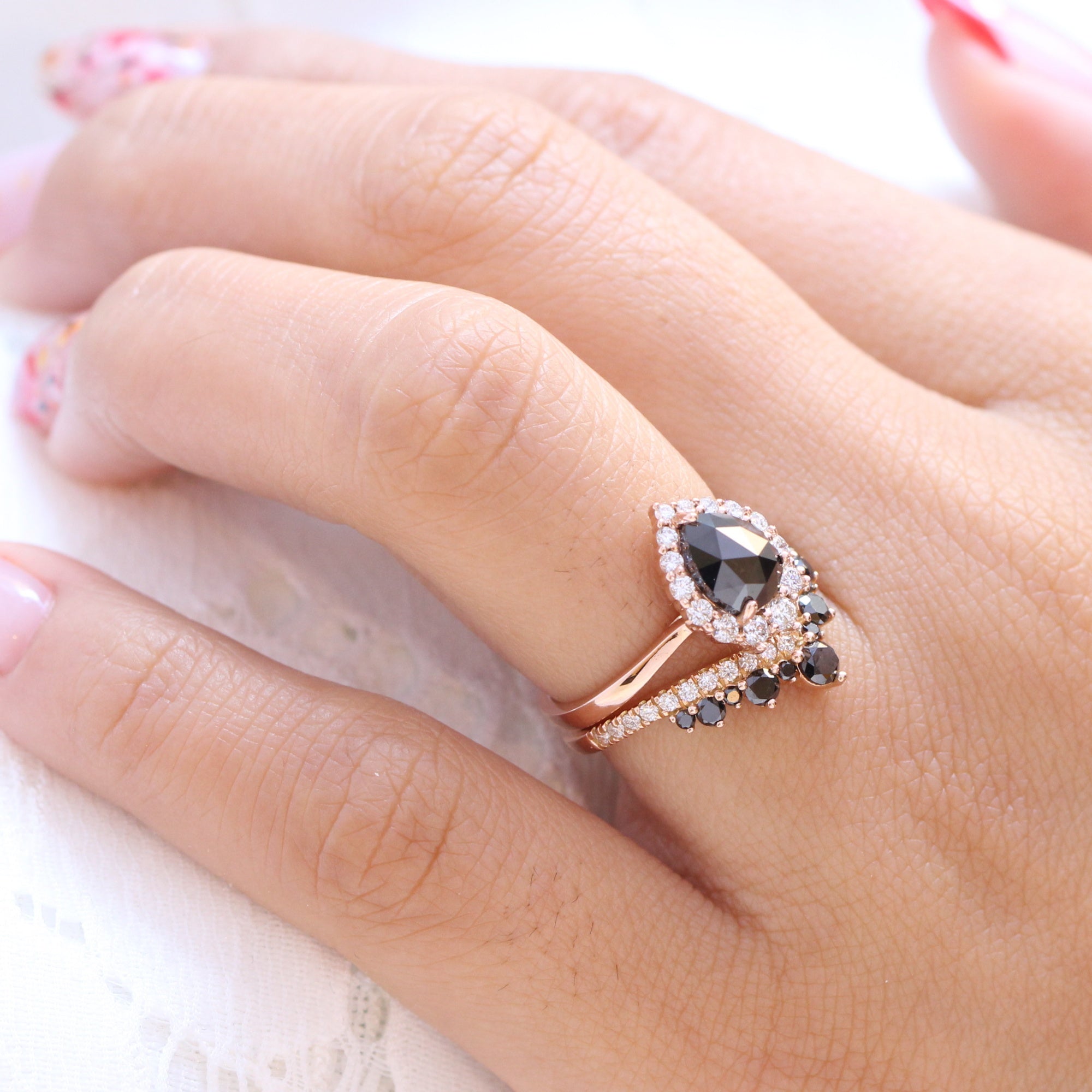 rose cut black diamond halo ring and large tiara diamond wedding band stack la more design jewelry