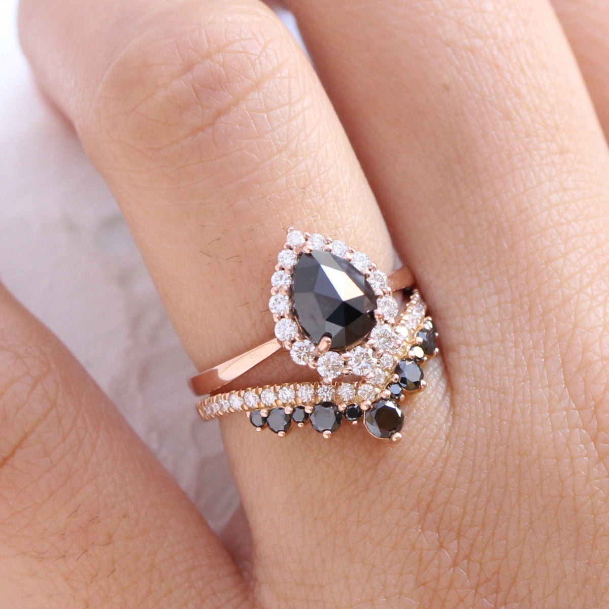 rose cut black diamond halo ring and large tiara diamond wedding band stack la more design jewelry