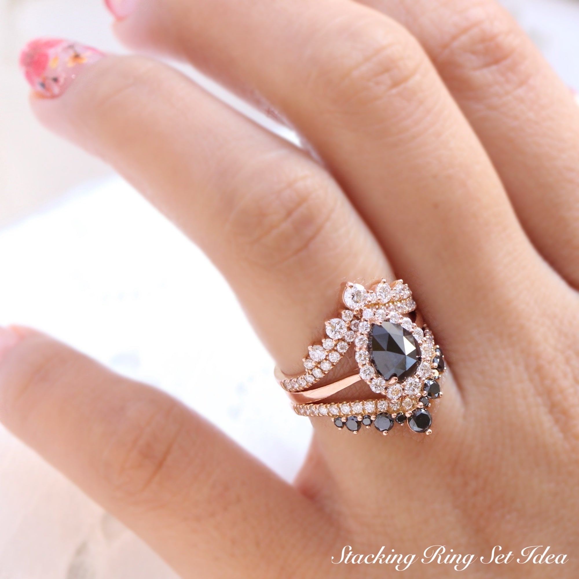 rose cut black diamond halo ring and large tiara diamond wedding band stack la more design jewelry