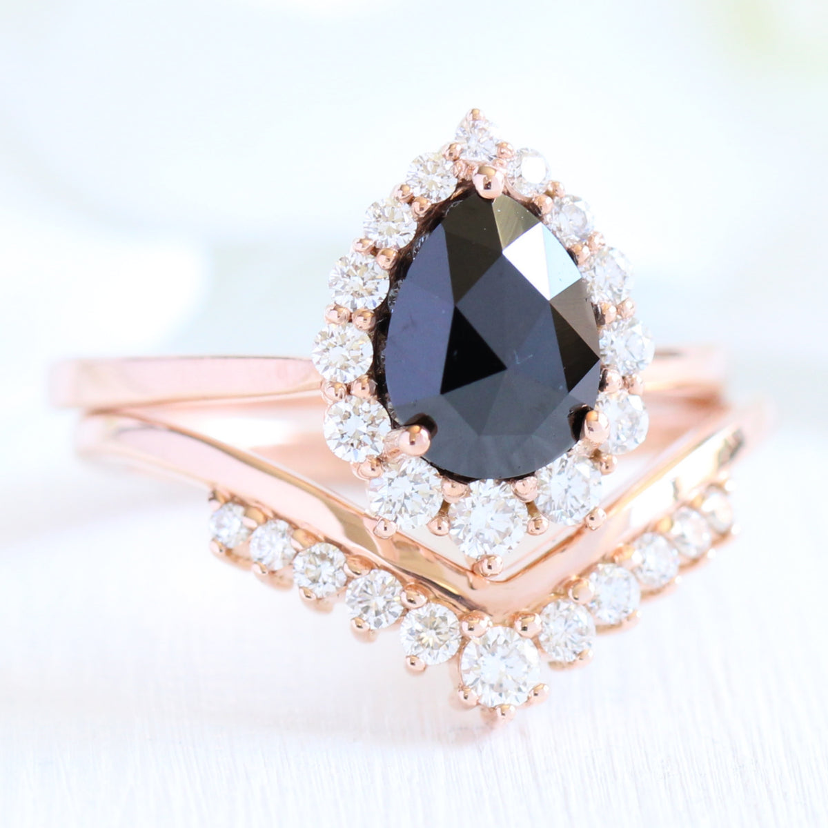 rose cut black diamond halo ring gold v shaped wedding band set la more design jewelry