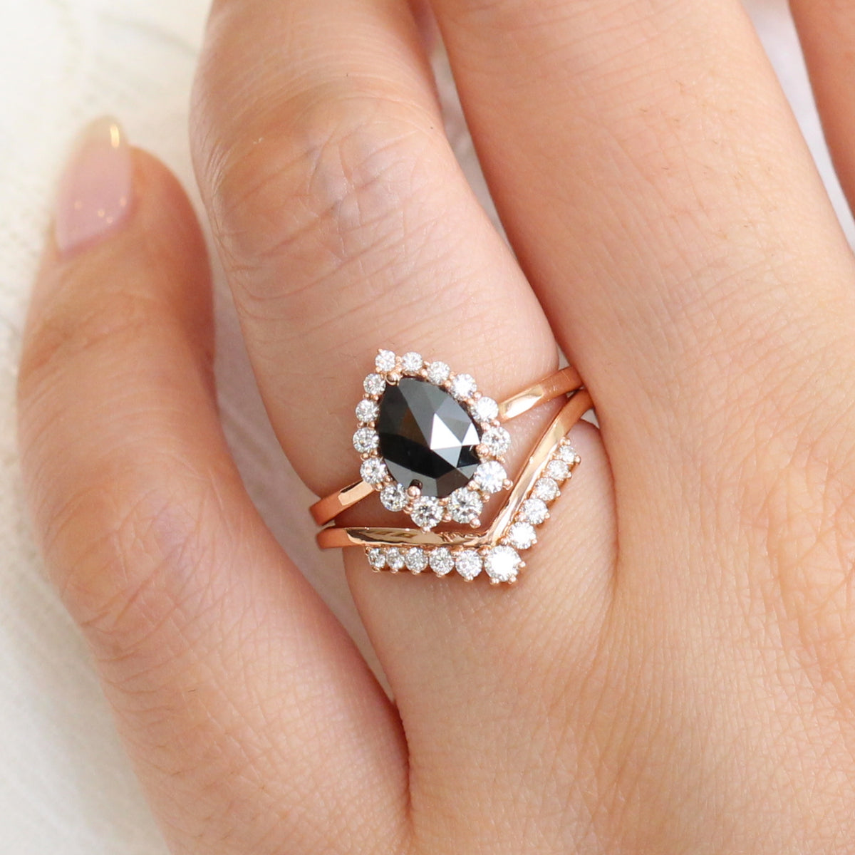 rose cut black diamond halo ring gold v shaped wedding band set la more design jewelry