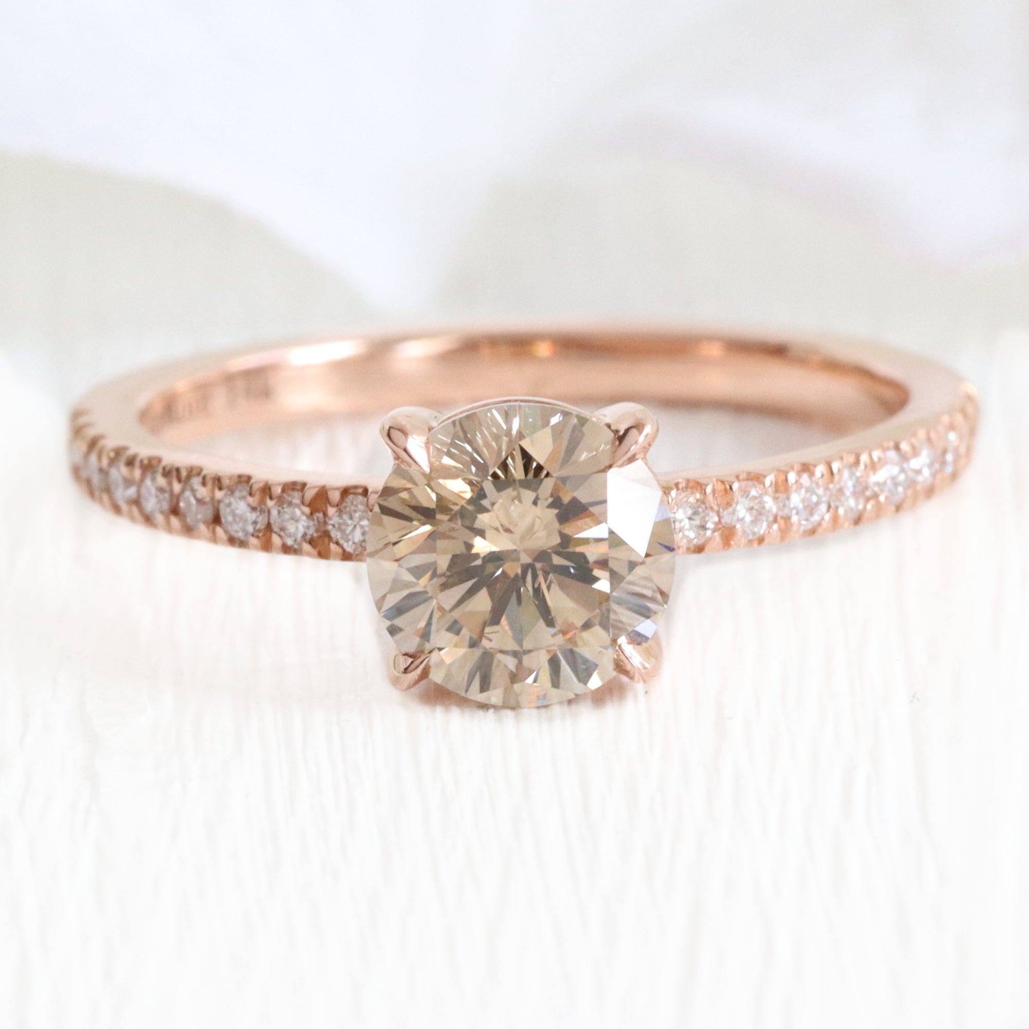 round champagne diamond ring rose gold low setting solitaire engagement ring la more design jewelry