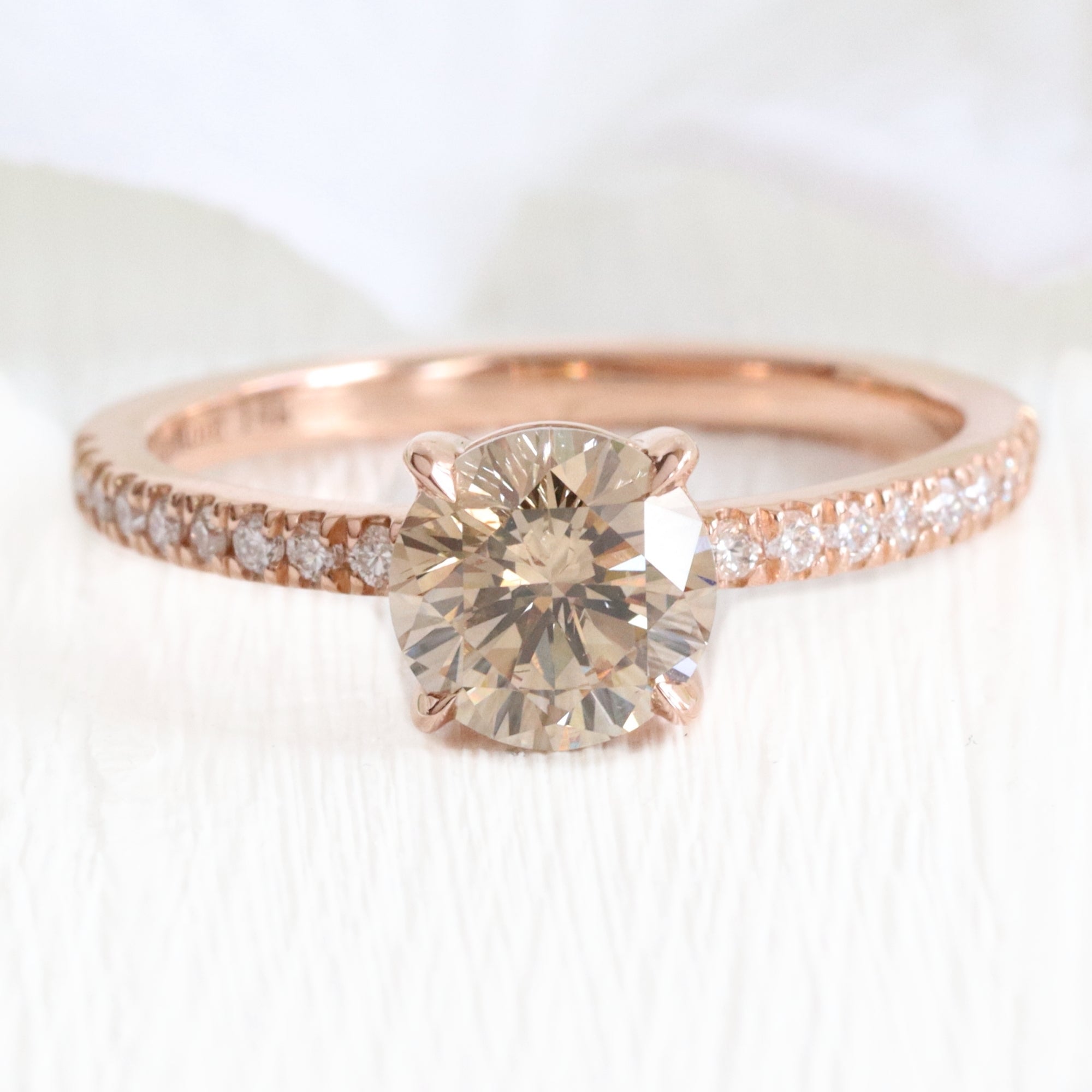 Champagne Diamond Solitaire Engagement Ring 14k Rose Gold Pave