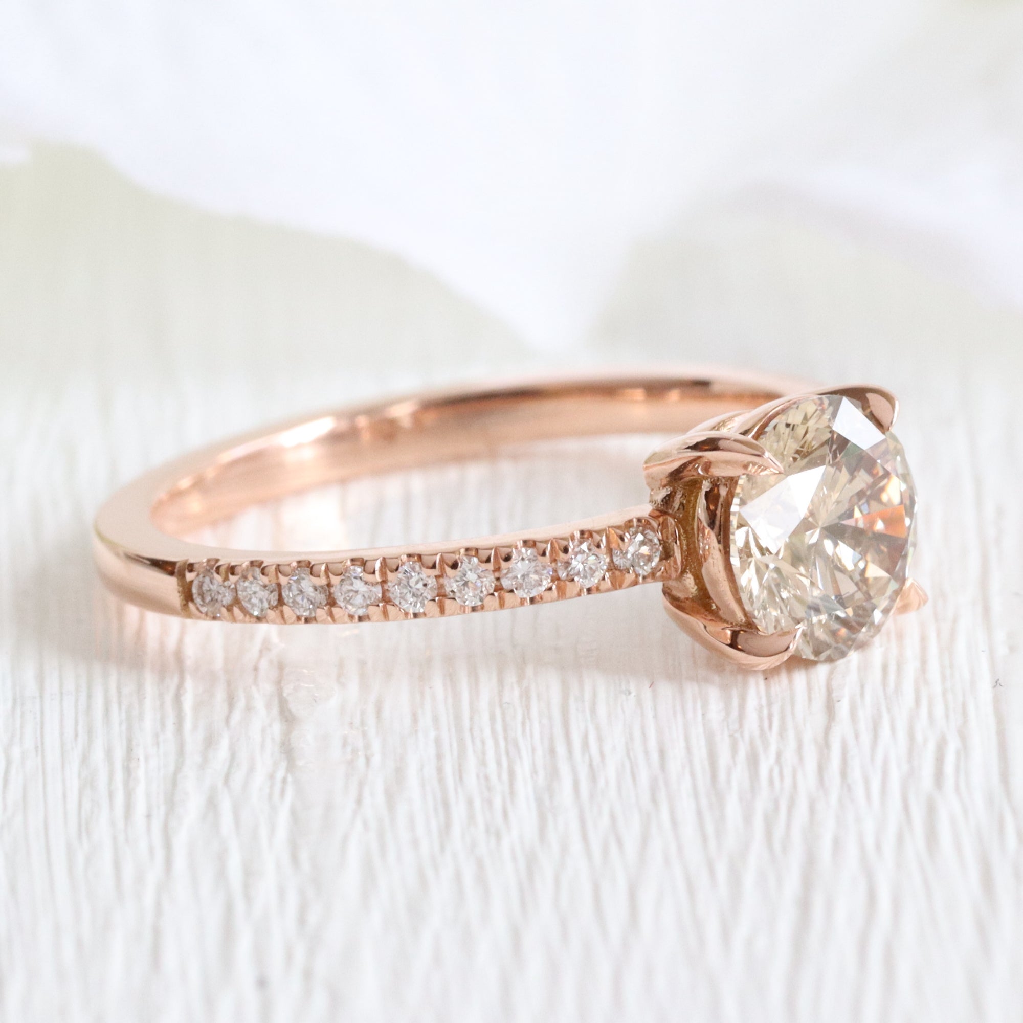 round champagne diamond ring rose gold low setting solitaire engagement ring la more design jewelry