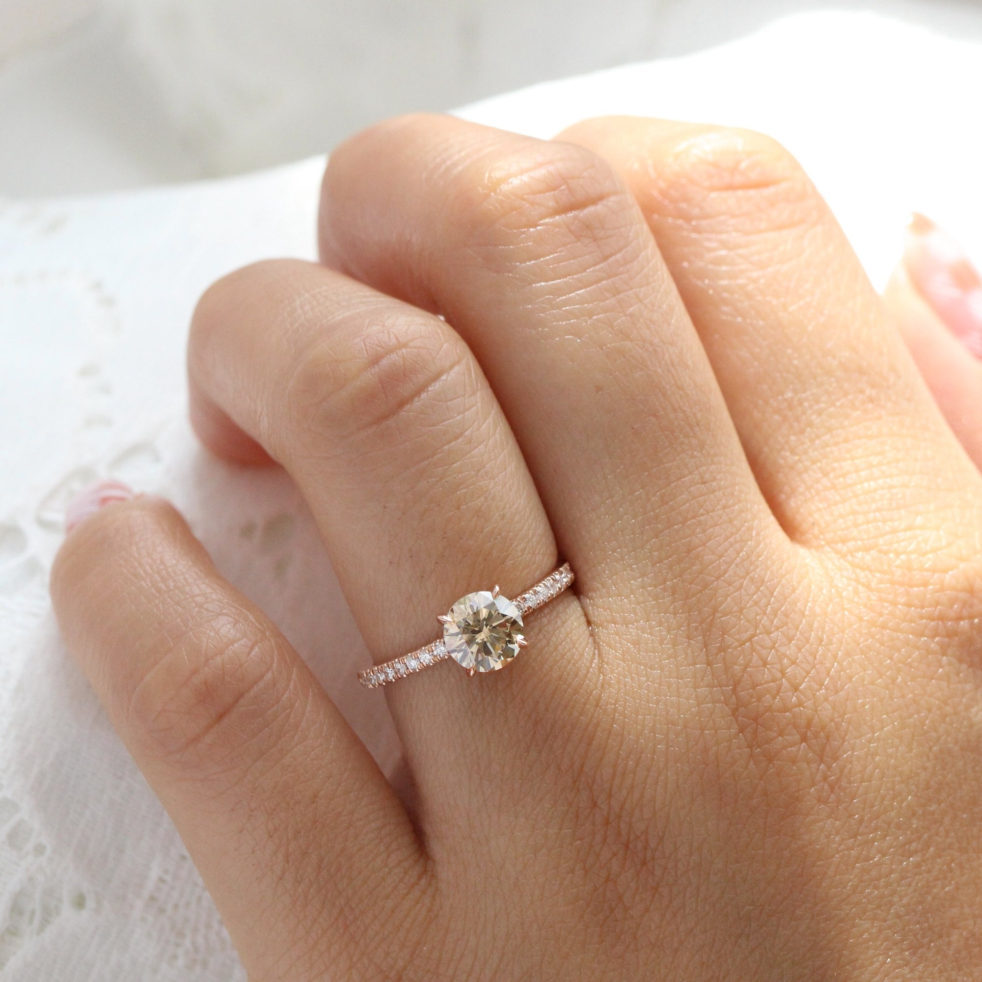 round champagne diamond ring rose gold low setting solitaire engagement ring la more design jewelry