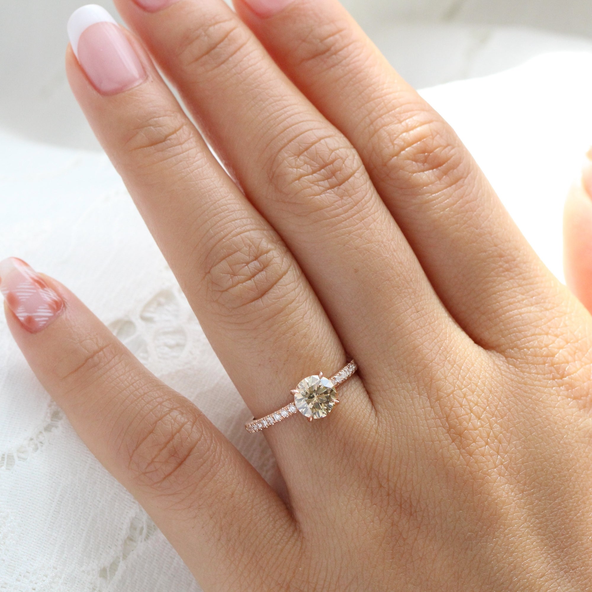 round champagne diamond ring rose gold low setting solitaire engagement ring la more design jewelry
