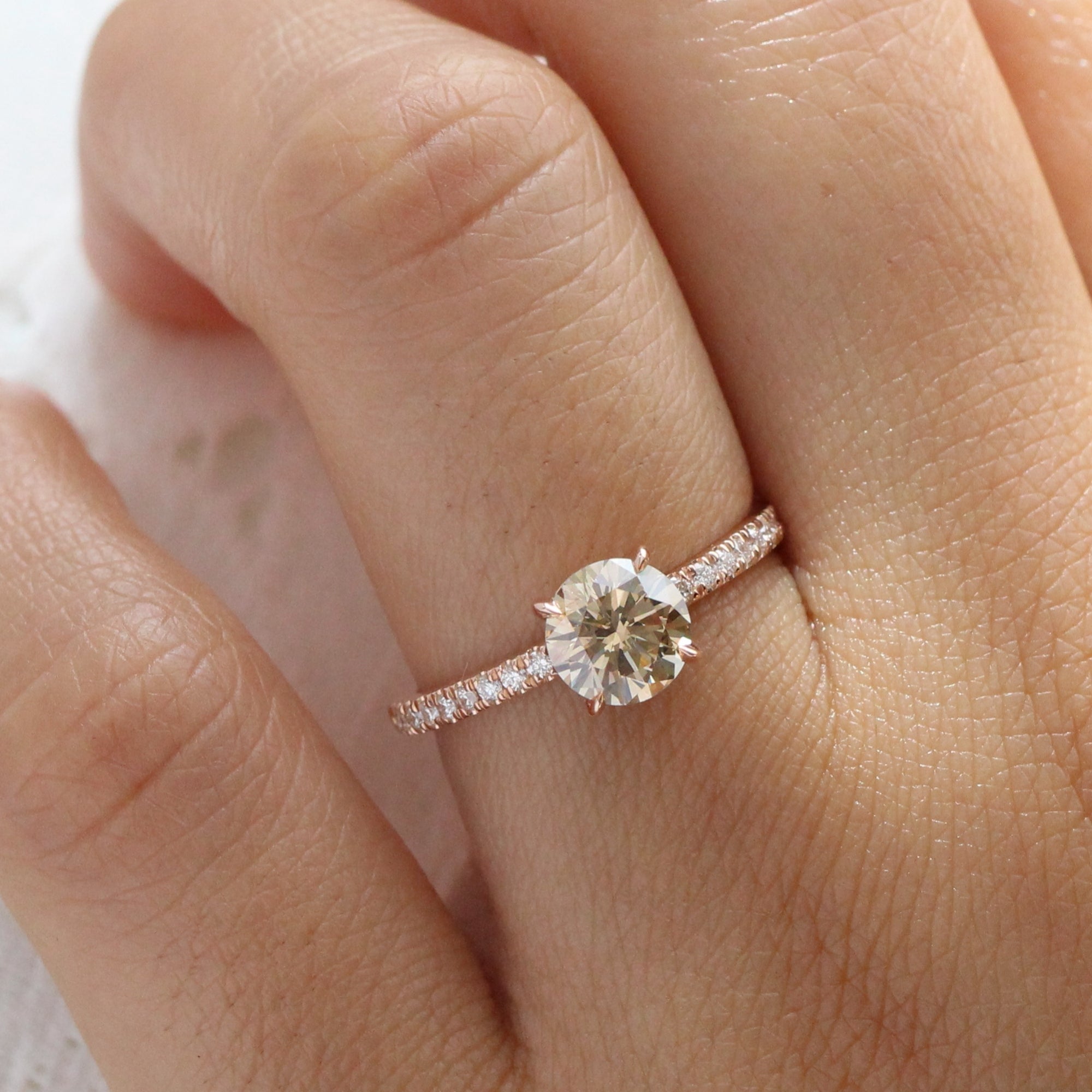 round champagne diamond ring rose gold low setting solitaire engagement ring la more design jewelry