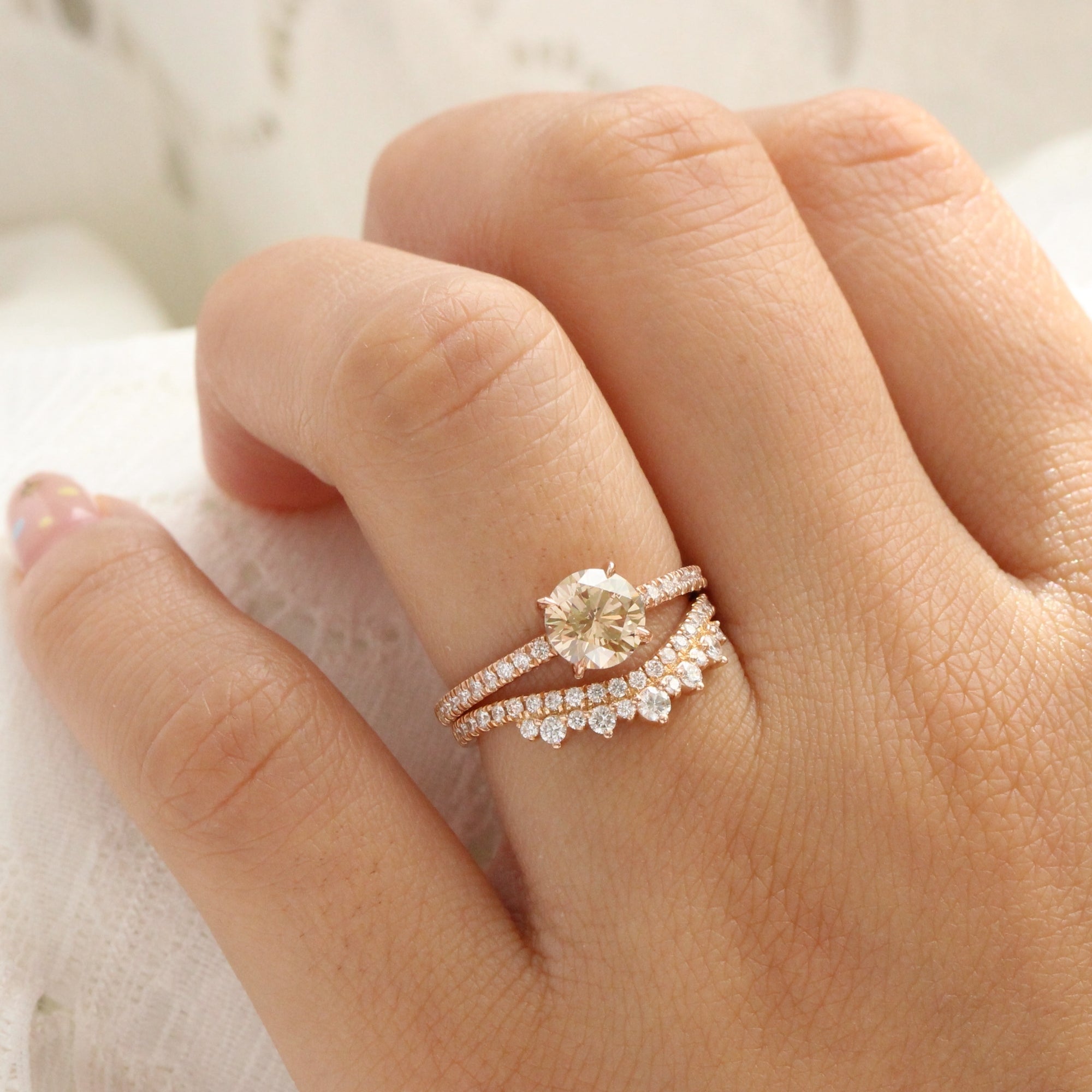 round champagne diamond ring rose gold low setting solitaire engagement ring la more design jewelry