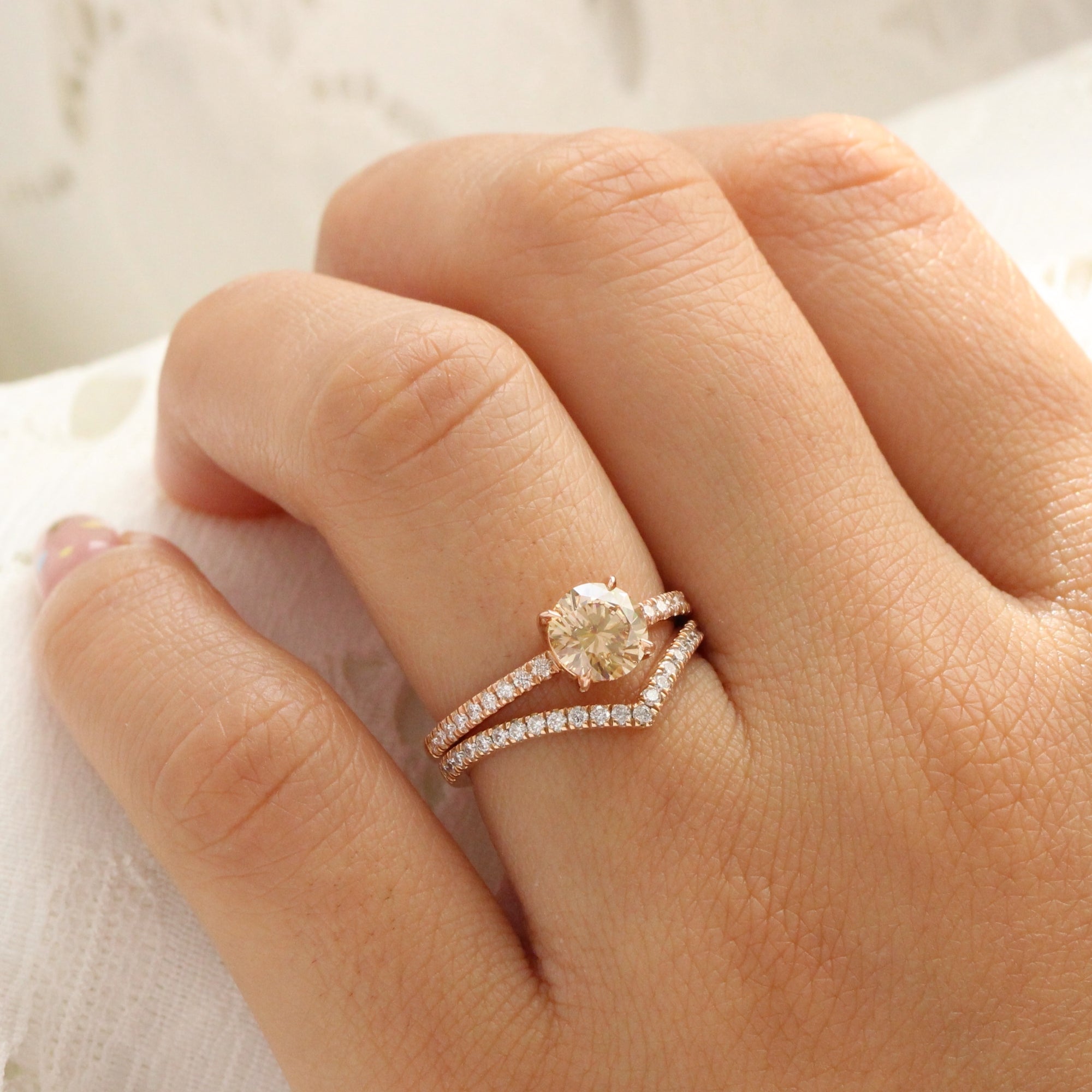 round champagne diamond ring rose gold low setting solitaire engagement ring la more design jewelry