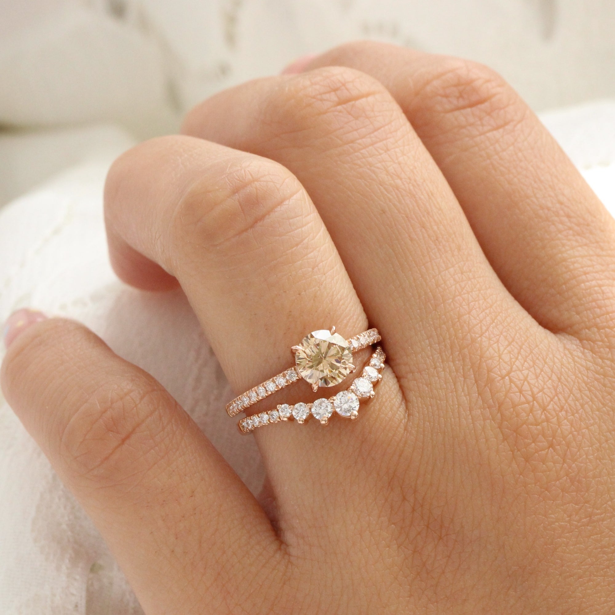 round champagne diamond ring rose gold low setting solitaire engagement ring la more design jewelry