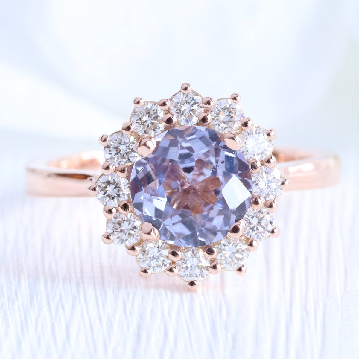 round lavender sapphire ring rose gold large halo diamond engagement ring la more design jewelry