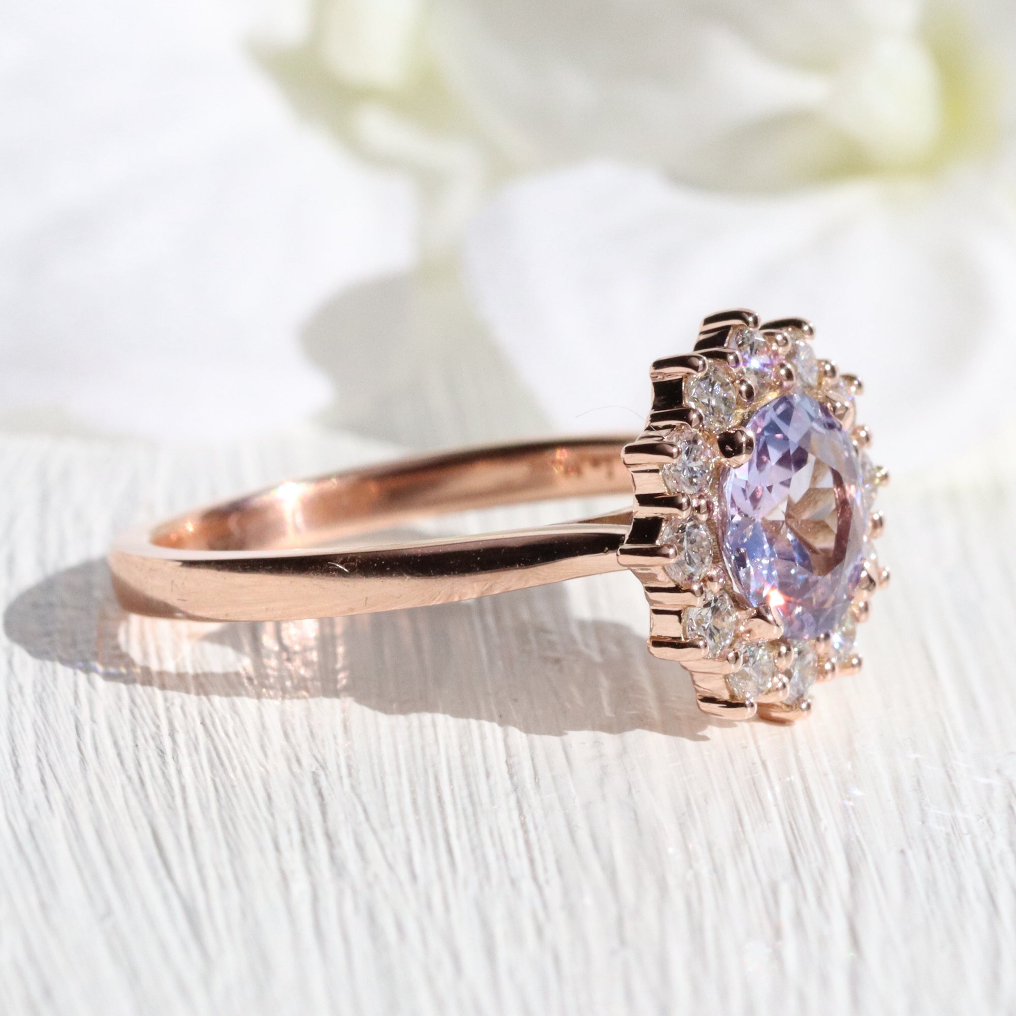 round lavender sapphire ring rose gold large halo diamond engagement ring la more design jewelry