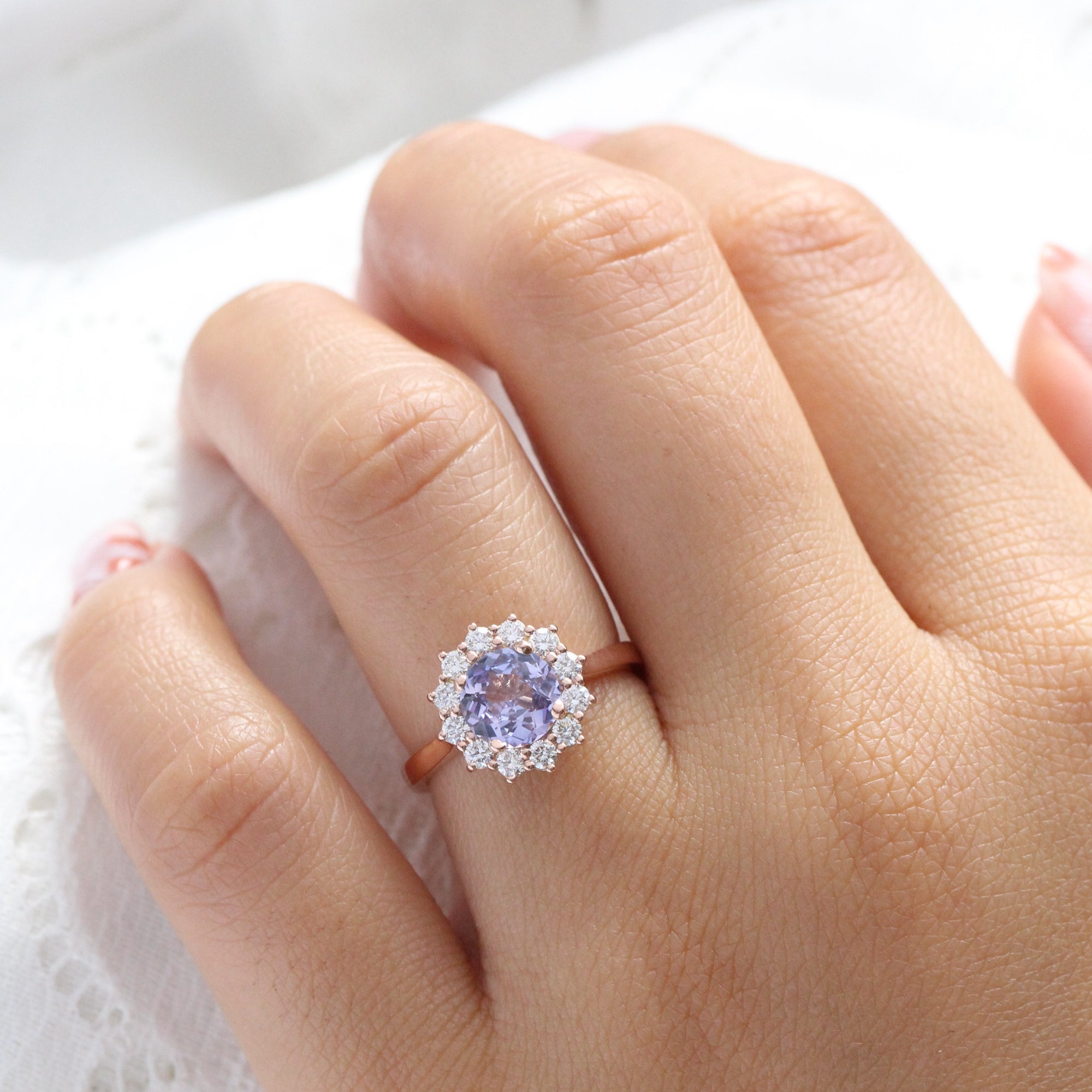 round lavender sapphire ring rose gold large halo diamond engagement ring la more design jewelry