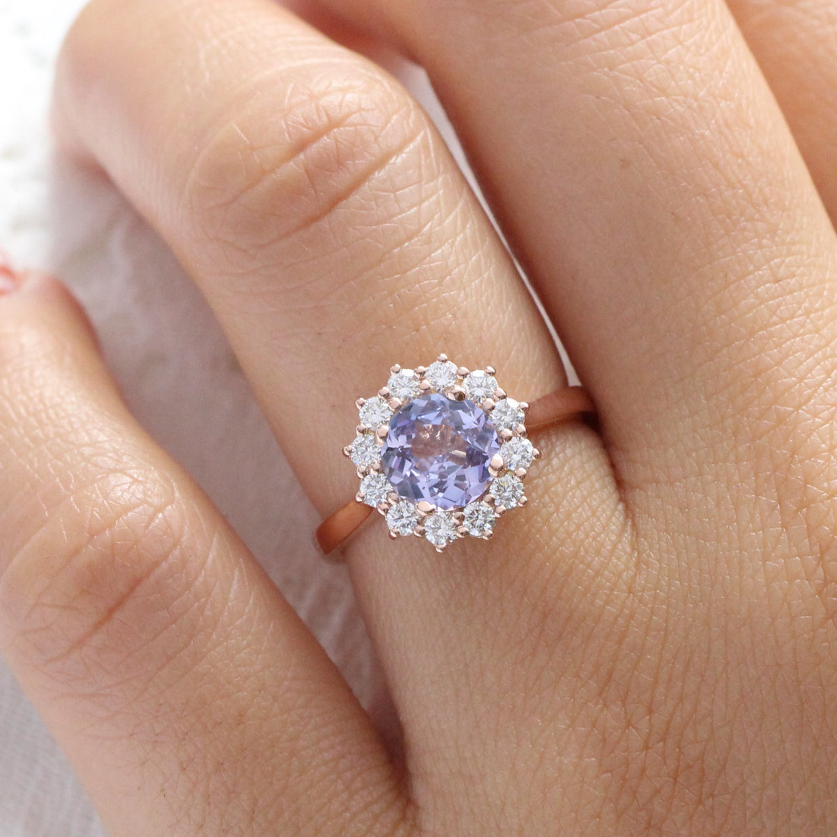 round lavender sapphire ring rose gold large halo diamond engagement ring la more design jewelry