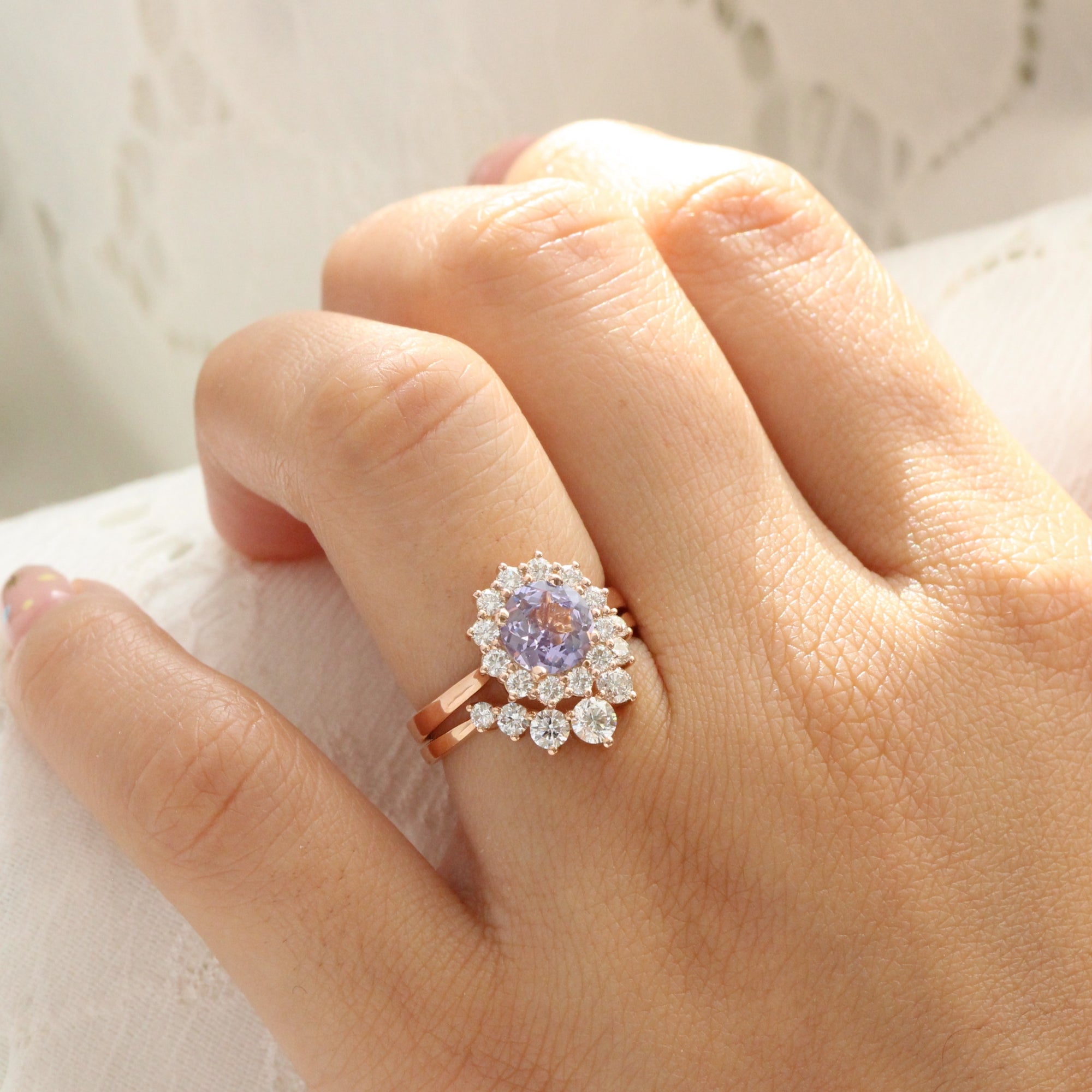 round lavender sapphire ring rose gold large halo diamond engagement ring la more design jewelry