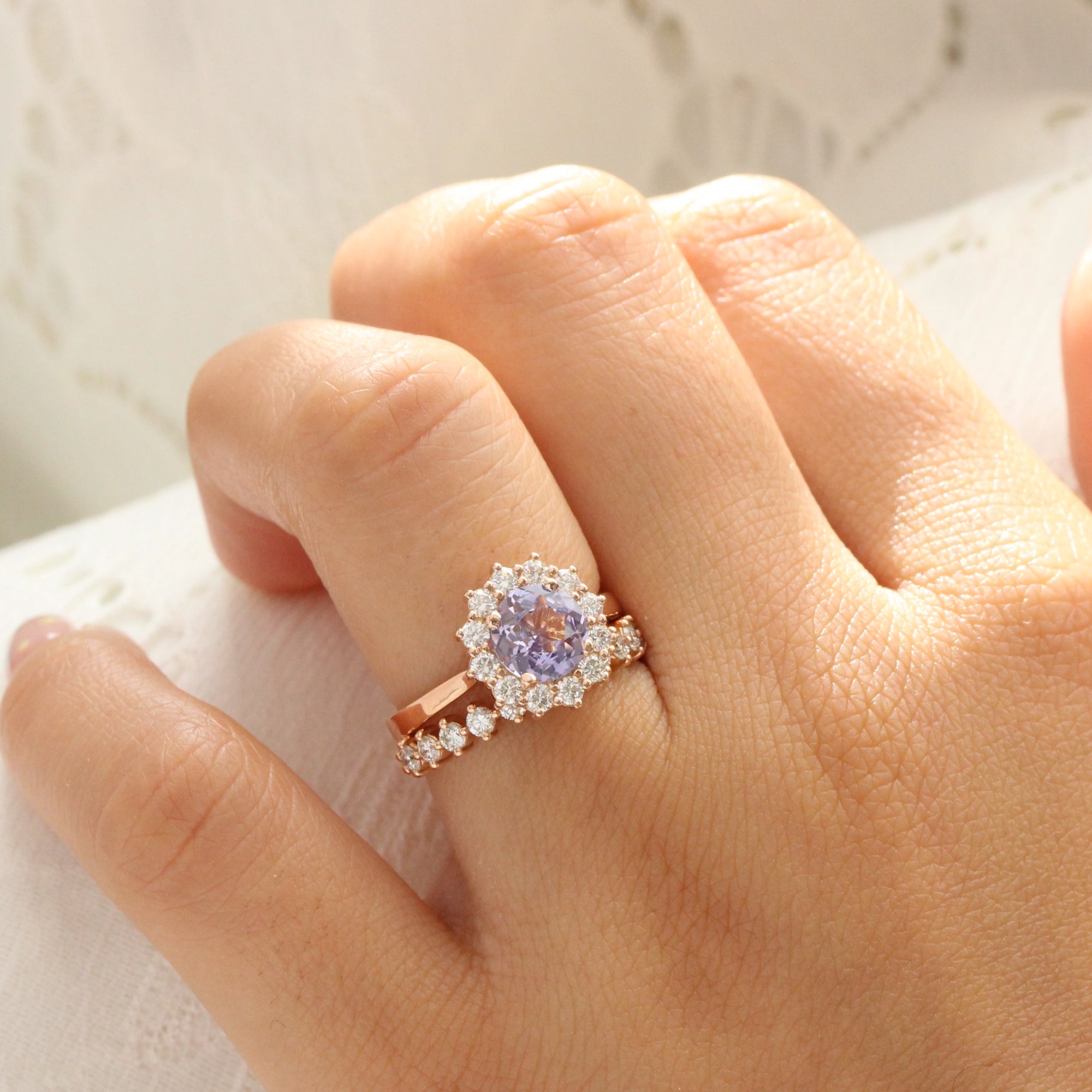 round lavender sapphire ring rose gold large halo diamond engagement ring la more design jewelry