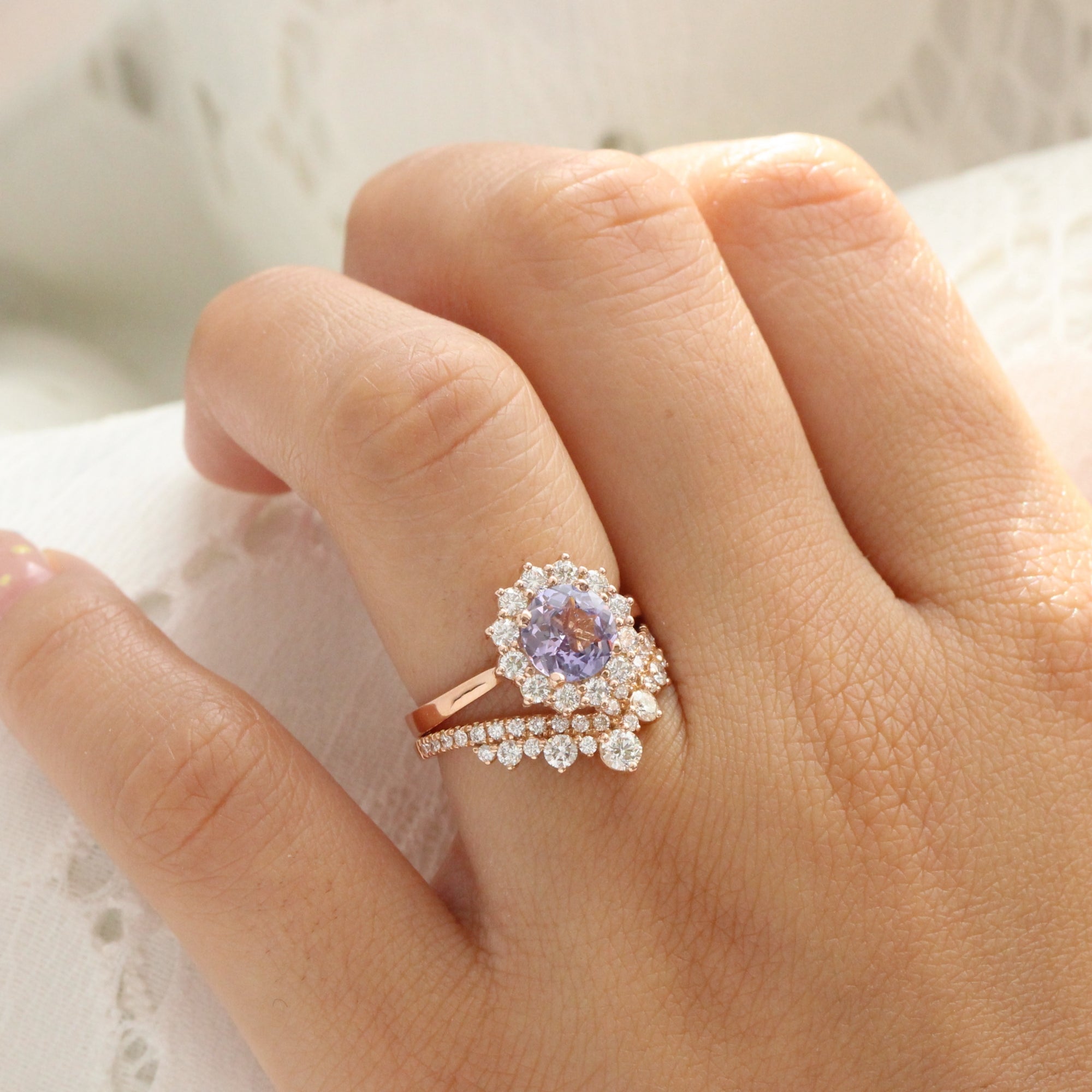 round lavender sapphire ring rose gold large halo diamond engagement ring la more design jewelry