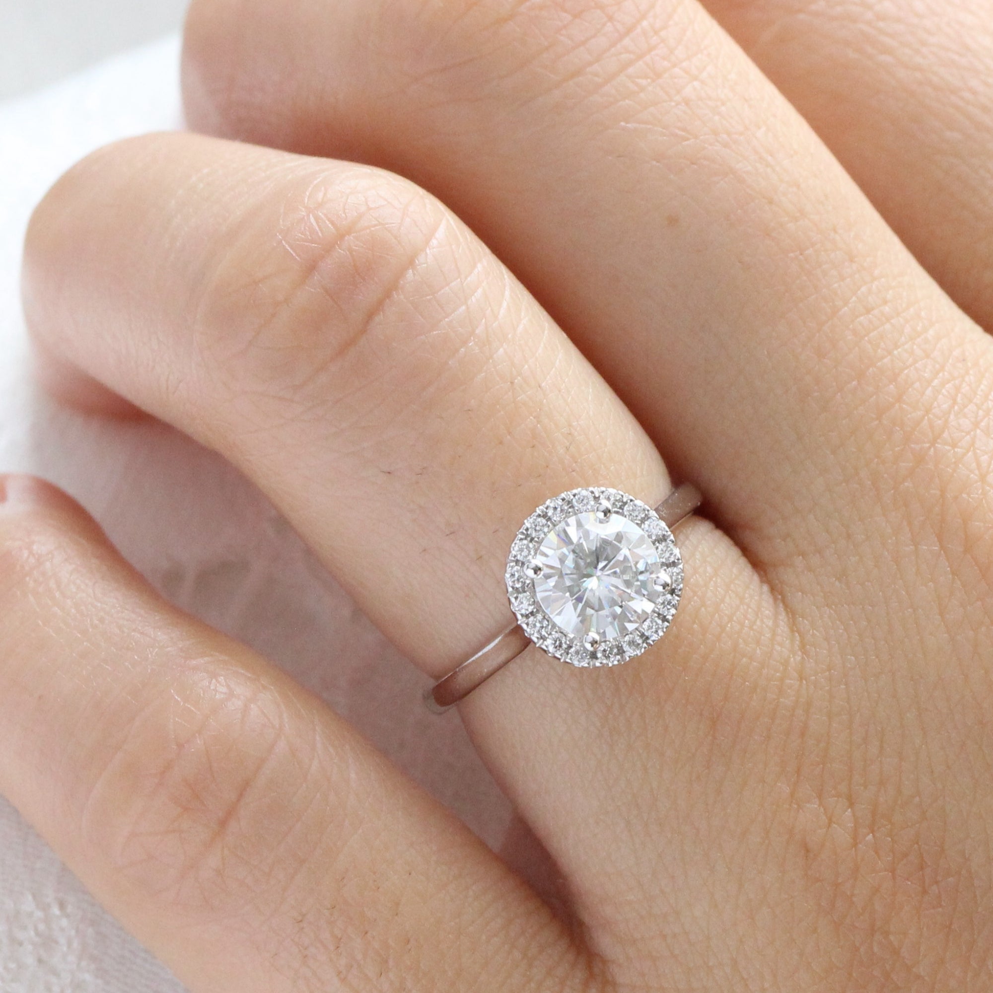 Luna Halo Round Engagement Ring w/ Moissanite and Diamond in Plain Band