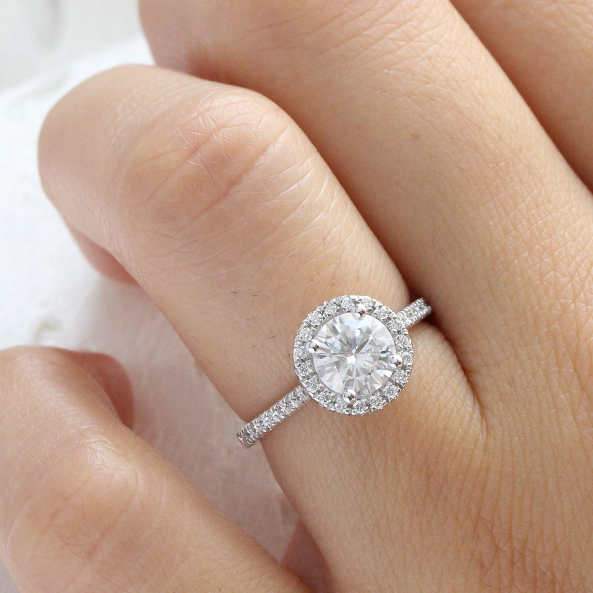 round moissanite ring white gold halo engagement ring la more design jewelry