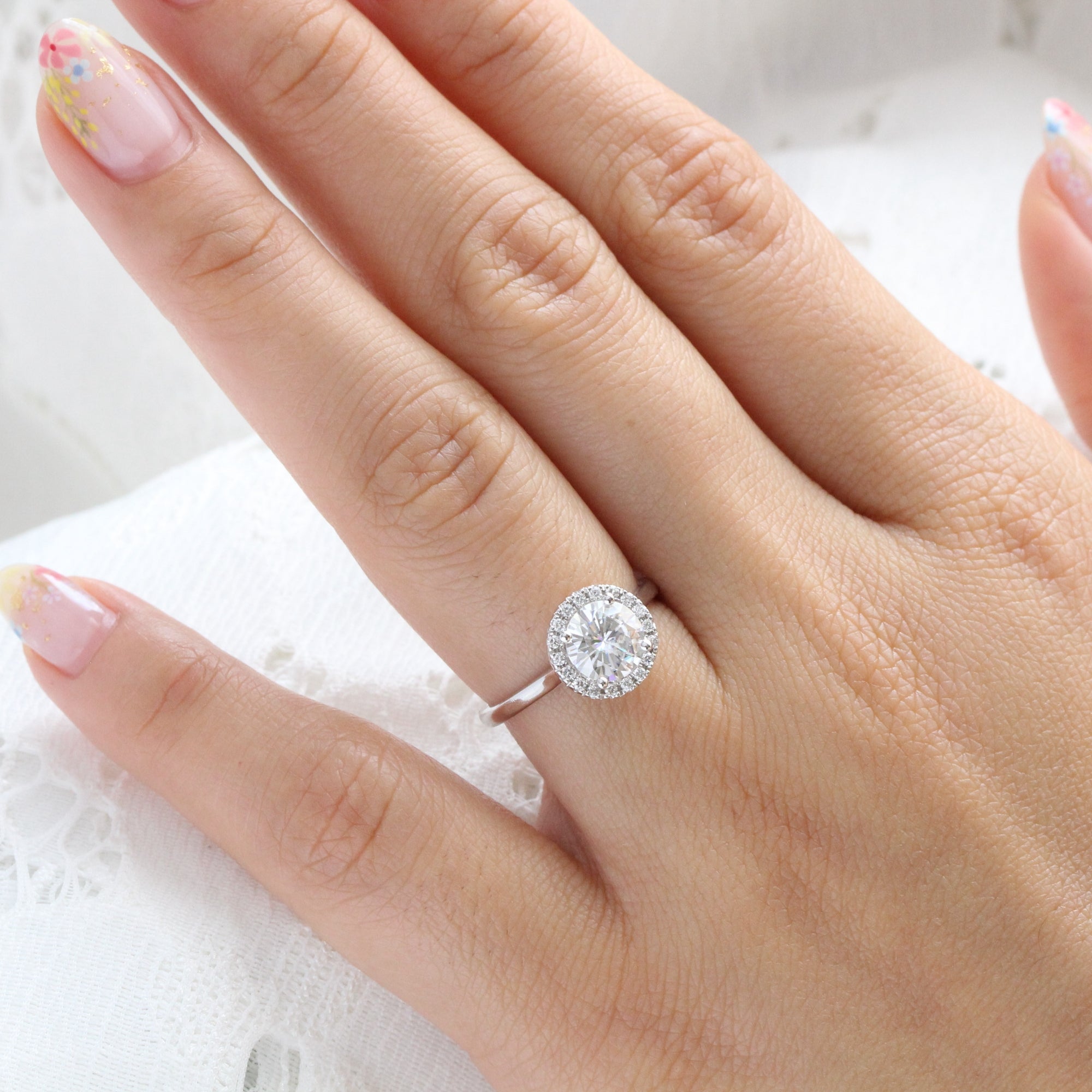 Luna Halo Round Engagement Ring w/ Moissanite and Diamond in Plain Band