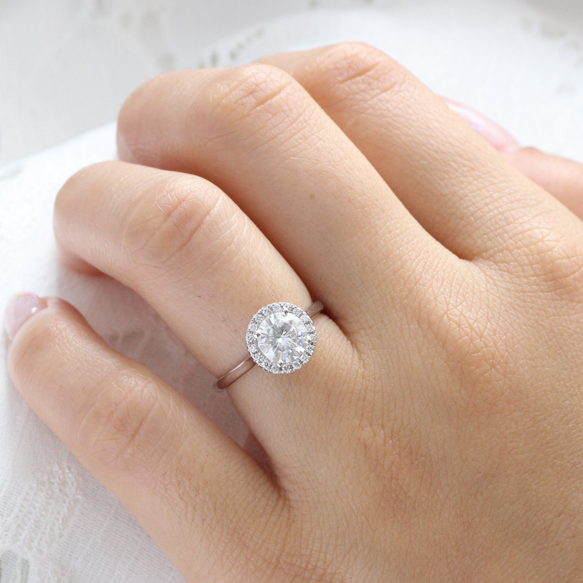 Luna Halo Round Engagement Ring w/ Moissanite and Diamond in Plain Band
