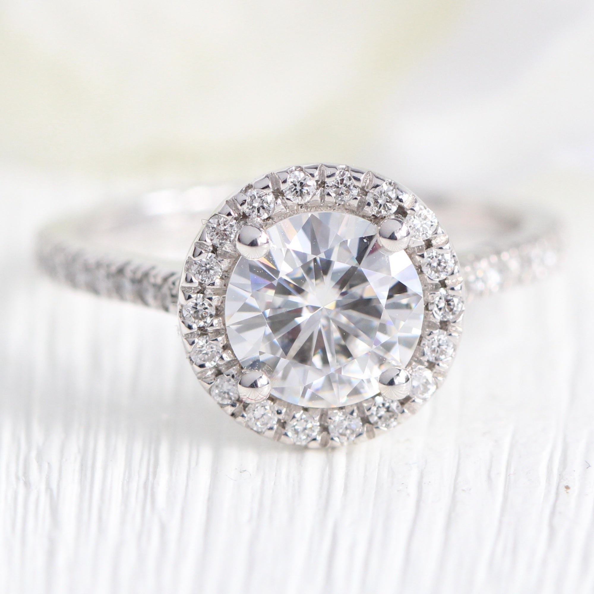round moissanite ring white gold halo engagement ring la more design jewelry
