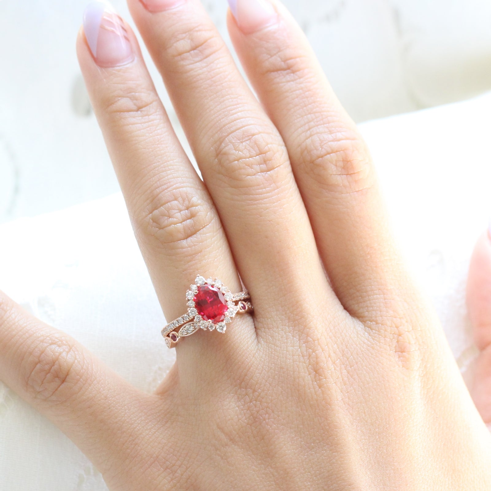 ruby engagement ring rose gold halo diamond bridal set and diamond ruby wedding band by la more design jewelry