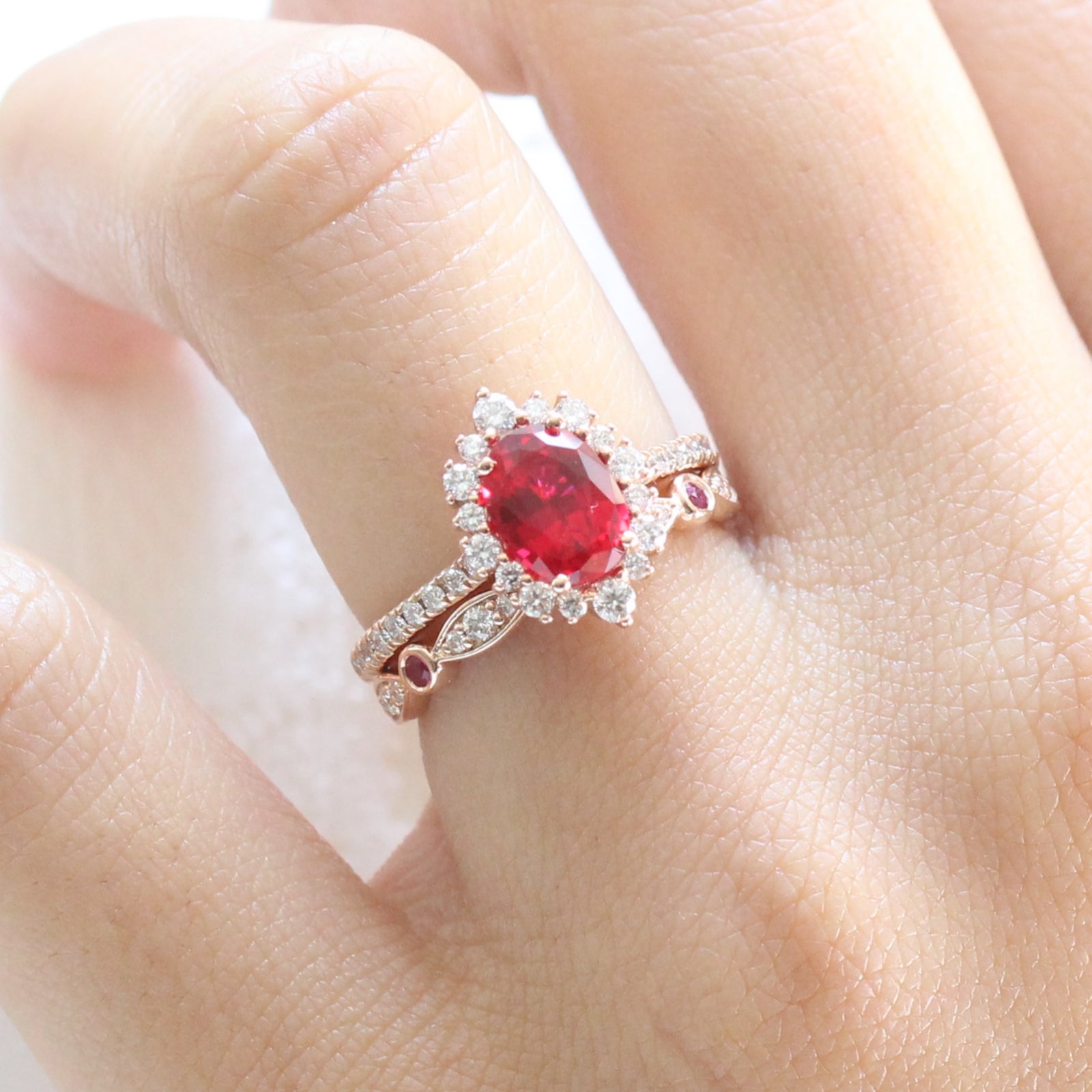 ruby engagement ring rose gold halo diamond bridal set and diamond ruby wedding band by la more design jewelry