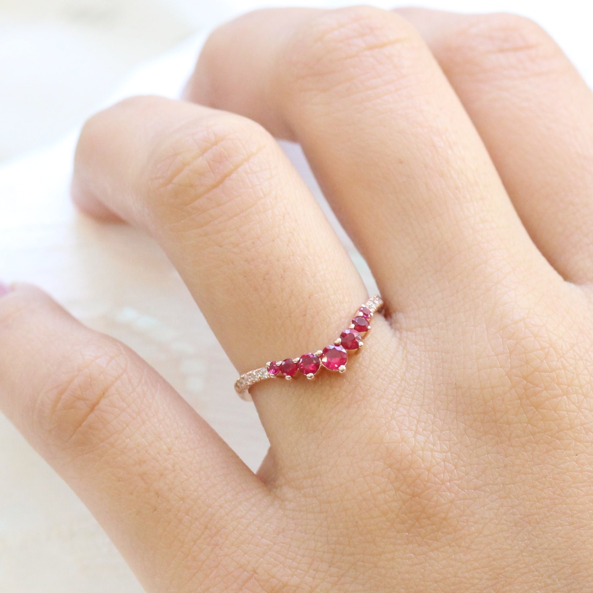 7 Stone Ruby Wedding Ring in Rose Gold U Shaped Pave Diamond Band