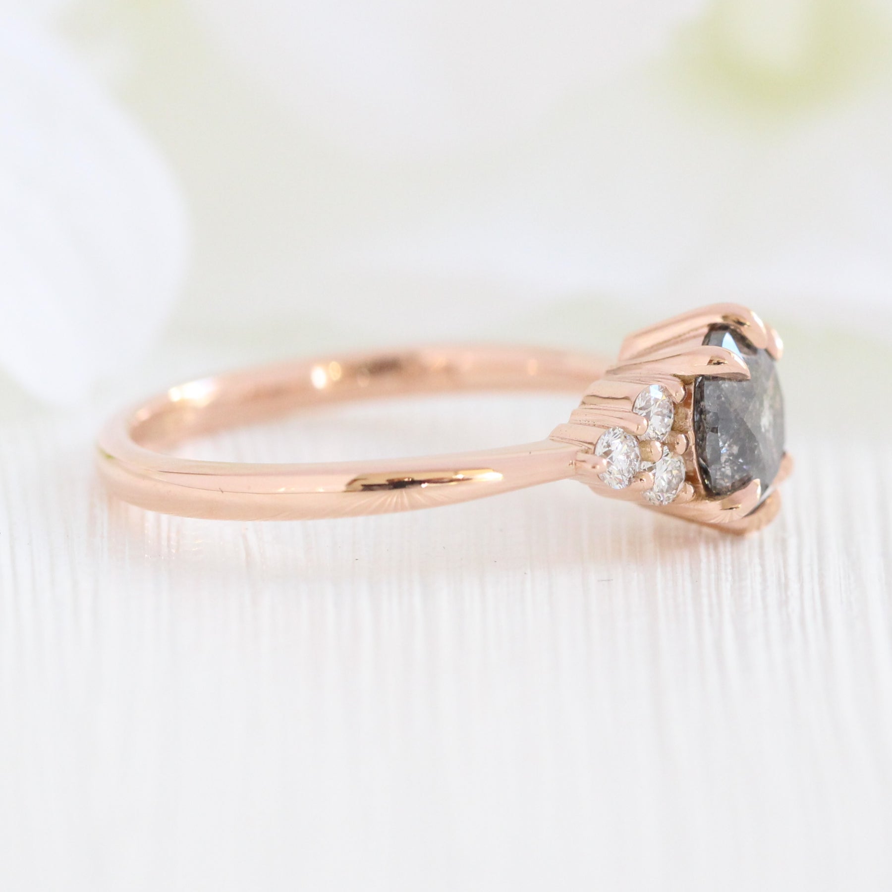 salt and pepper diamond engagement ring rose gold 3 stone ring grey diamond ring la more design jewelry