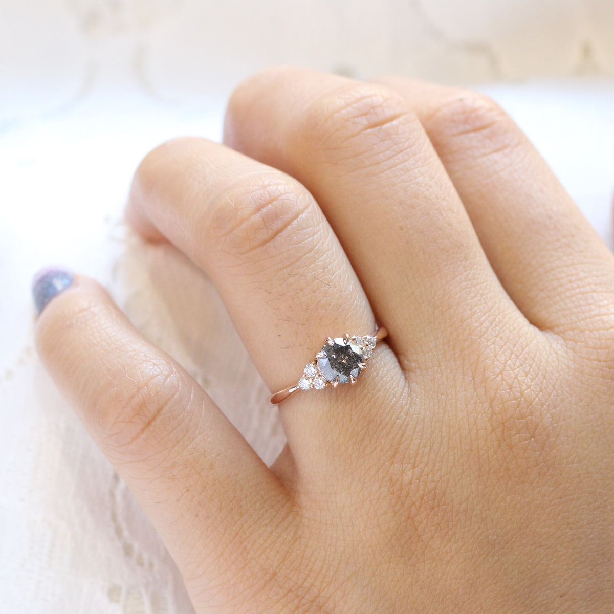 salt and pepper diamond engagement ring rose gold 3 stone ring grey diamond ring la more design jewelry